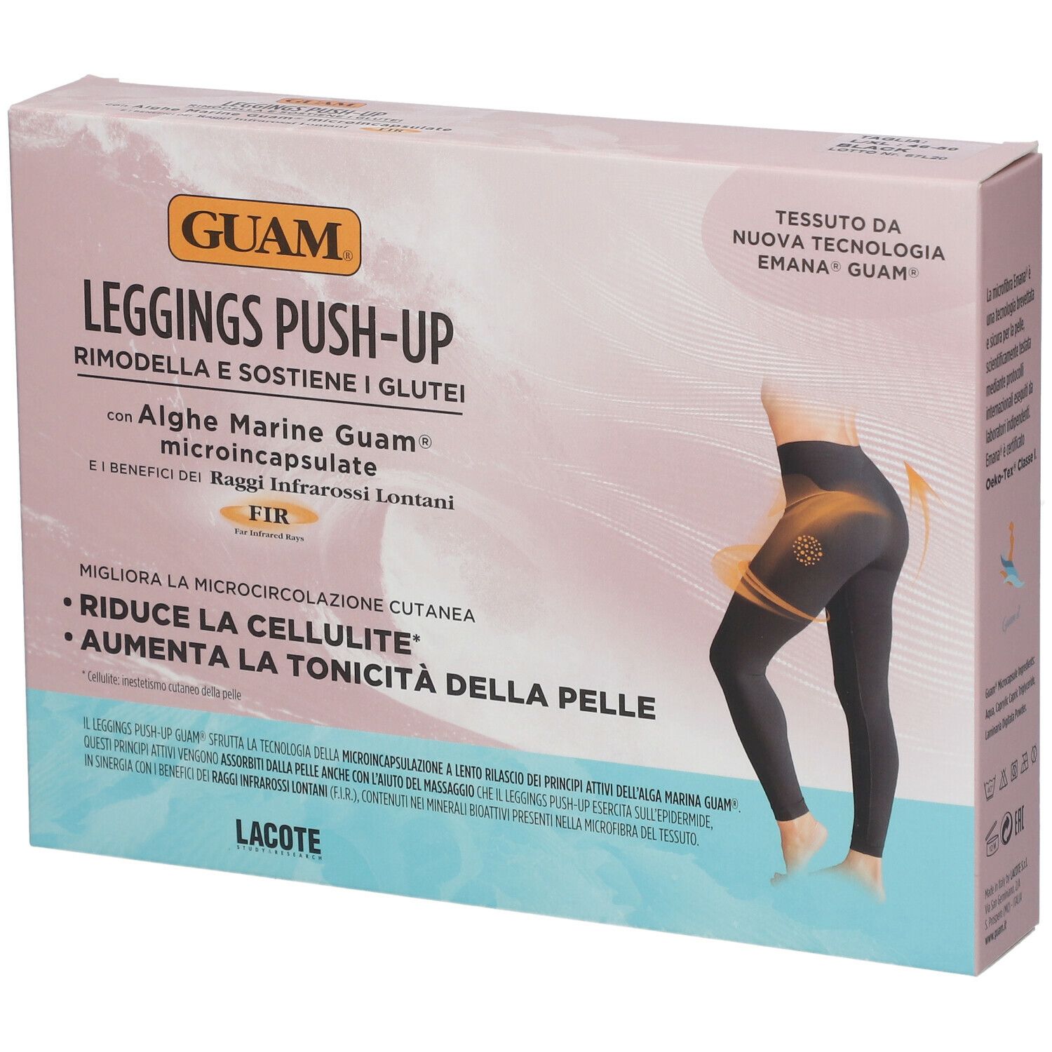 Verpackung der GUAM® Push-Up Leggings L-XL. Rosa-weiße Box mit Produktabbildung und Text. Enthält Algen und Infrarotstrahlen.