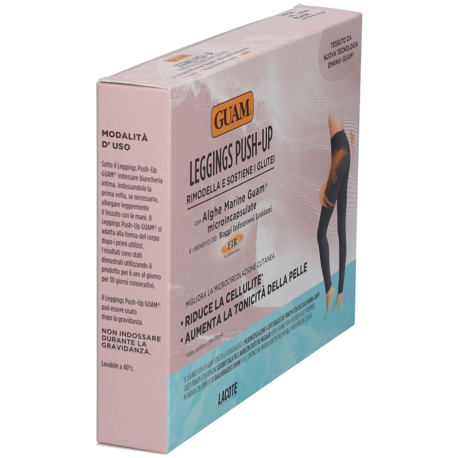 GUAM® Push-Up Leggings L-XL Verpackung. Rosa-weiße Box mit Produktabbildung und Text. Enthält Algen und Infrarotstrahlen.