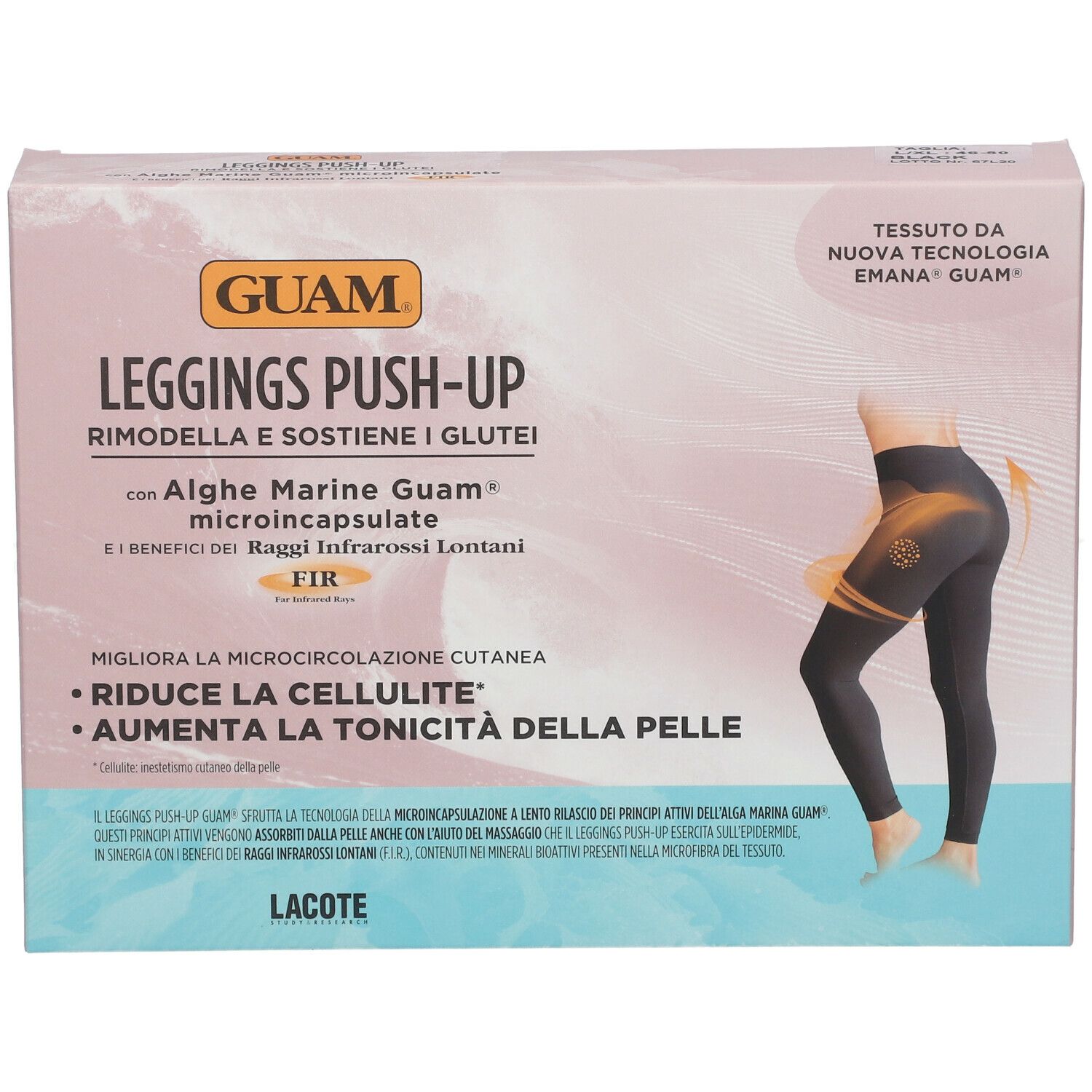 GUAM® Push-Up Leggings L-XL Verpackung. Rosa-weiße Box mit Produktabbildung und Text. Enthält Algen und Infrarotstrahlen.