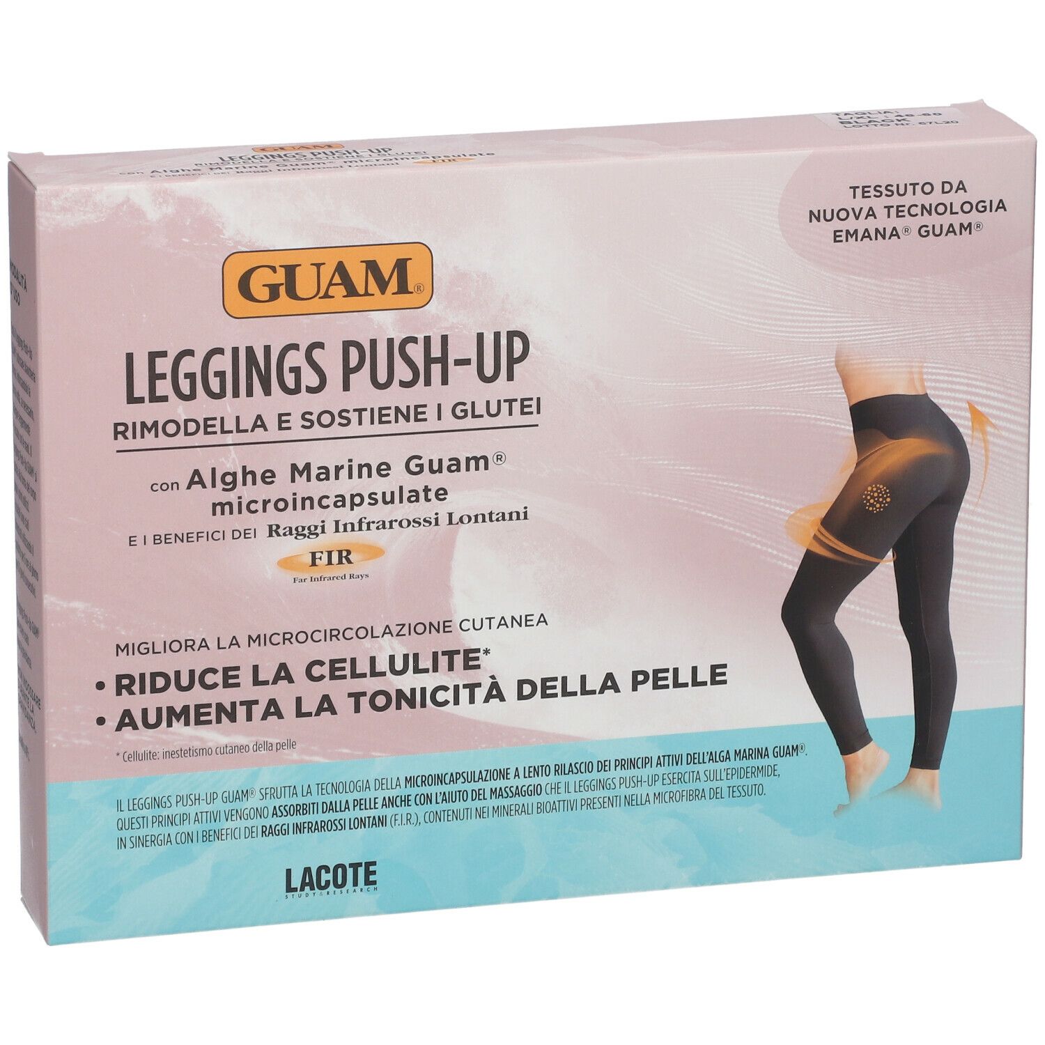 GUAM® Push-Up Leggings L-XL Verpackung. Rosa-weiße Box mit Produktabbildung und Text. Enthält Algen und Infrarotstrahlen.