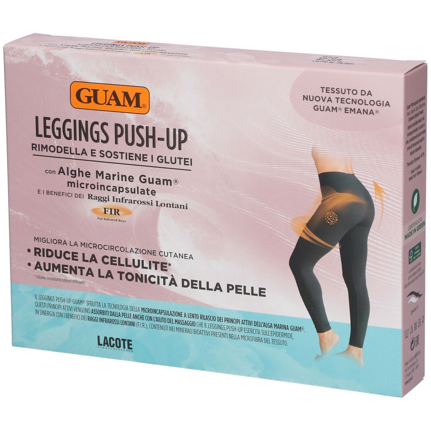 Verpakking GUAM Leggings Push-Up. Met algen, microcapsules, FIR. Afbeelding: legging op lichaam.