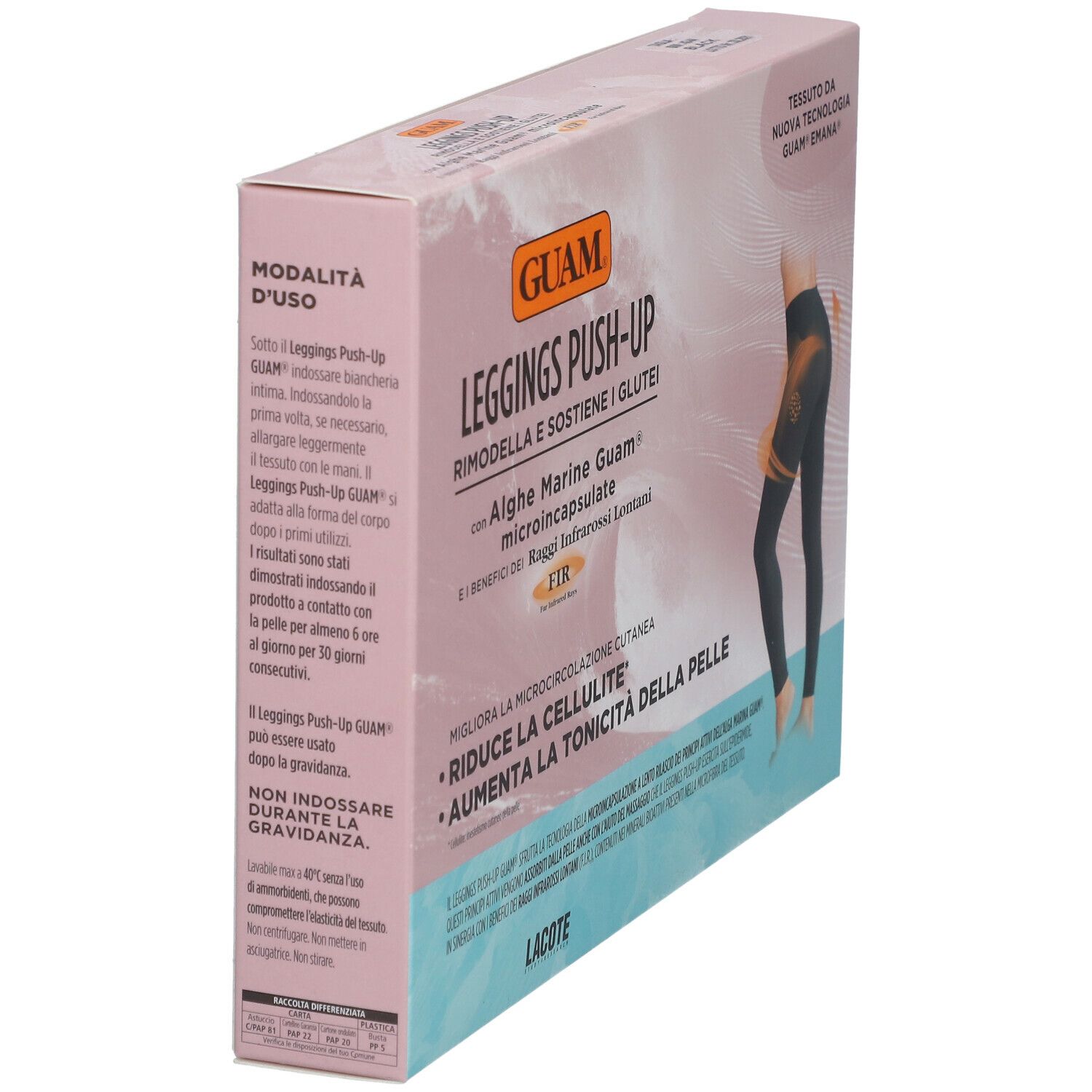GUAM Leggings Push-Up verpakking. Met algen, microcapsules, FIR. Zijaanzicht van de verpakking.