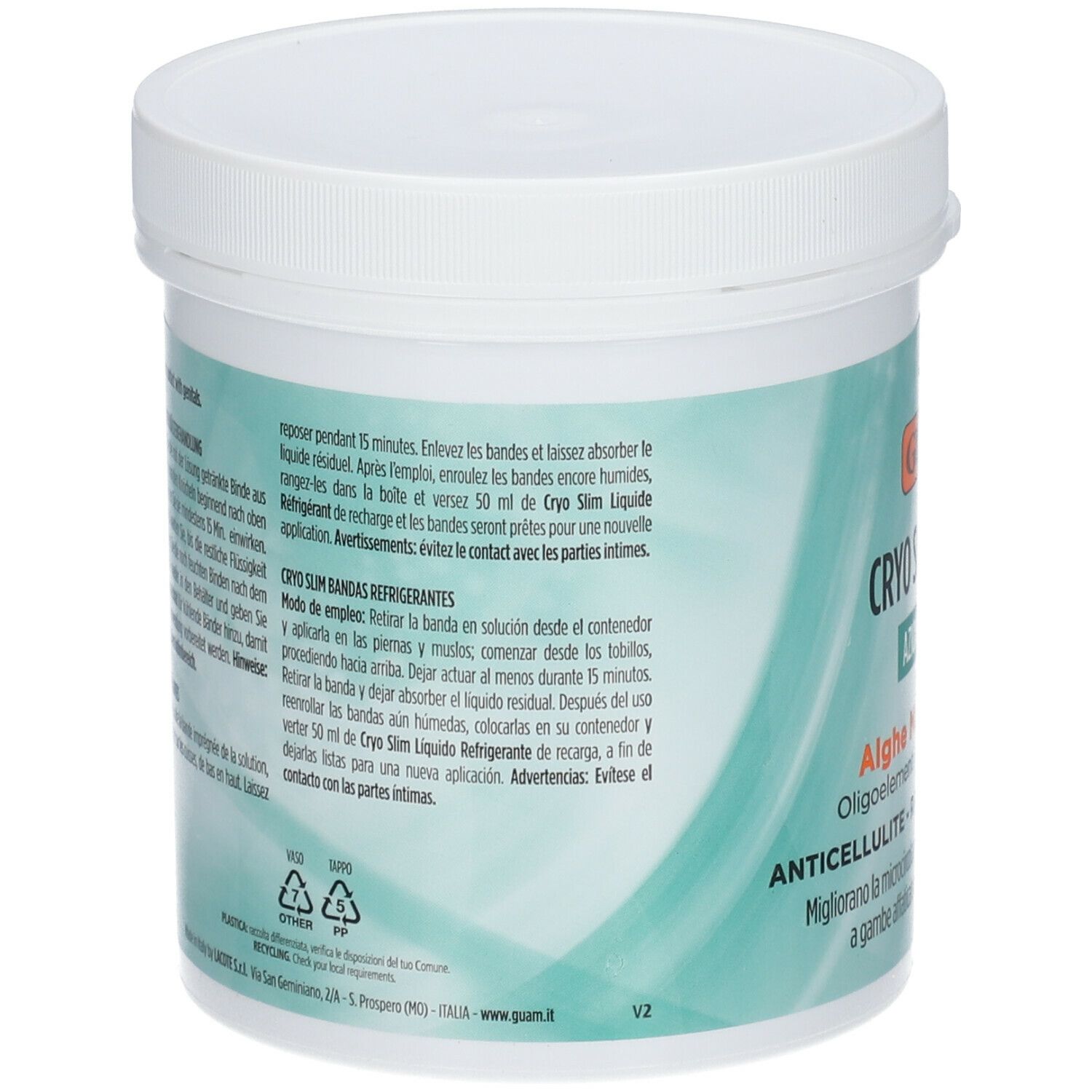 GUAM Cryo Slim Fasce. Rückseite des Behälters mit Text. Enthält Anweisungen und Inhaltsstoffe. Weißer Deckel.