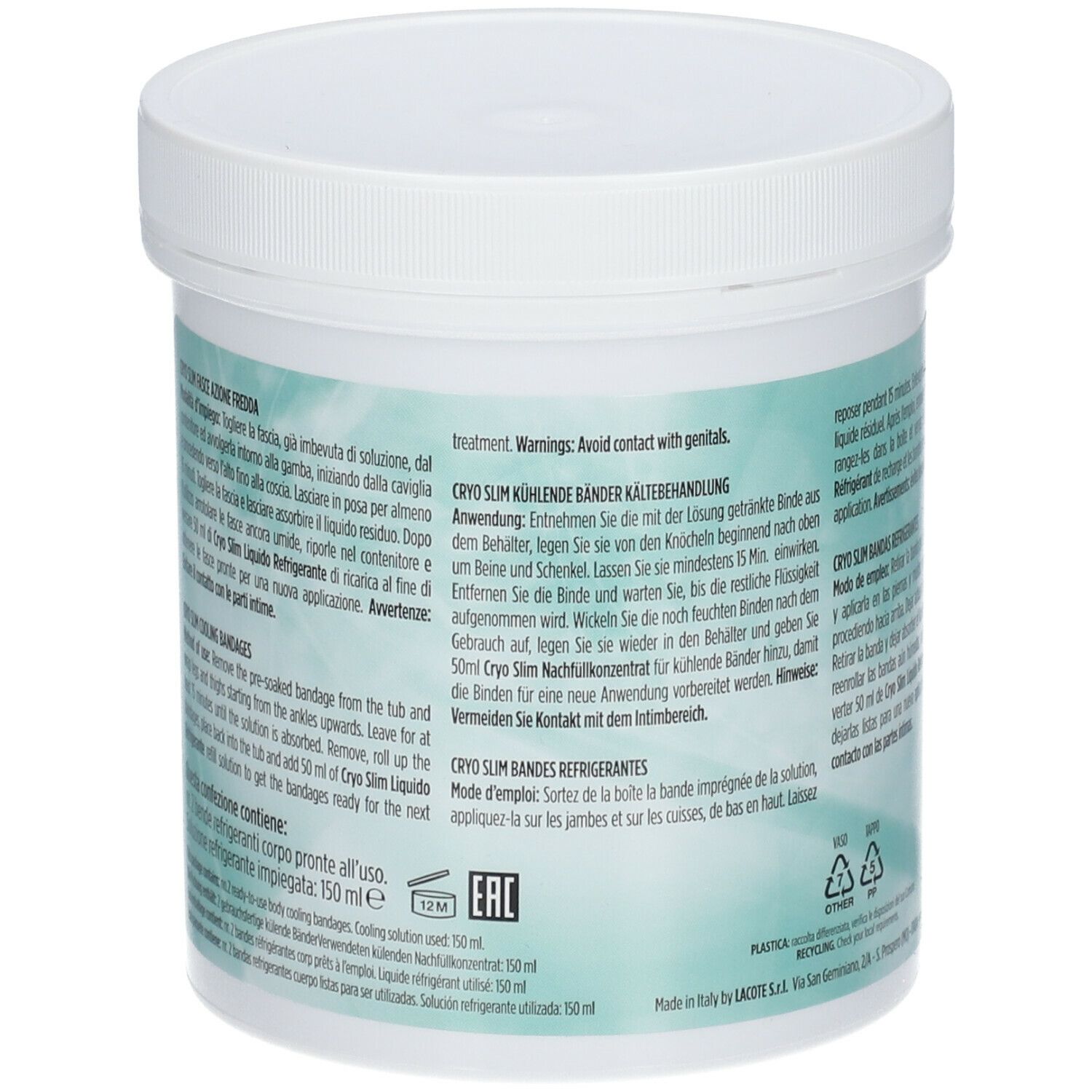 GUAM Cryo Slim Fasce. Rückseite des Behälters mit Text. Enthält Anweisungen und Inhaltsstoffe. Weißer Deckel.
