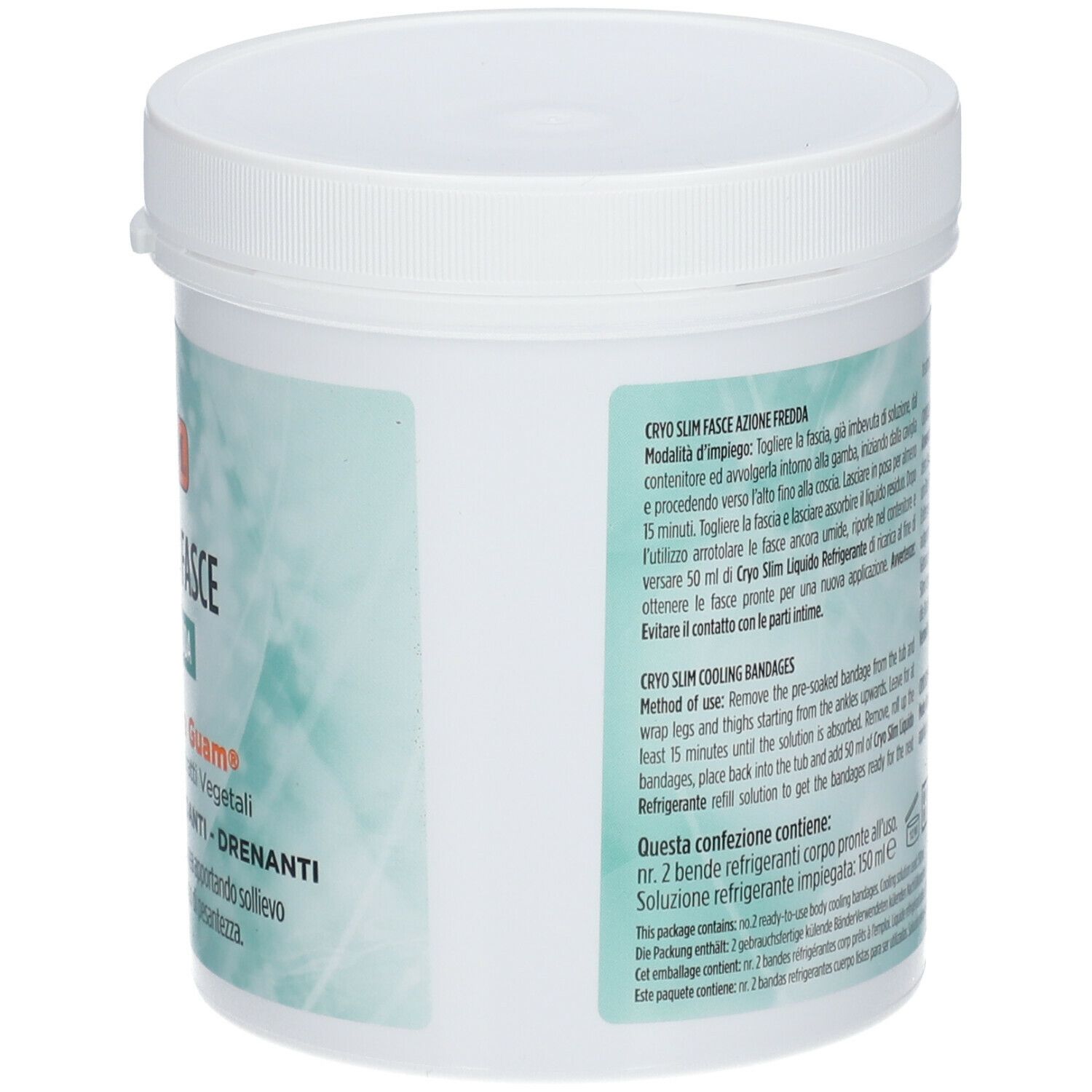 GUAM Cryo Slim Fasce. Rückseite des Behälters mit Text. Enthält Anweisungen und Inhaltsstoffe. Weißer Deckel.
