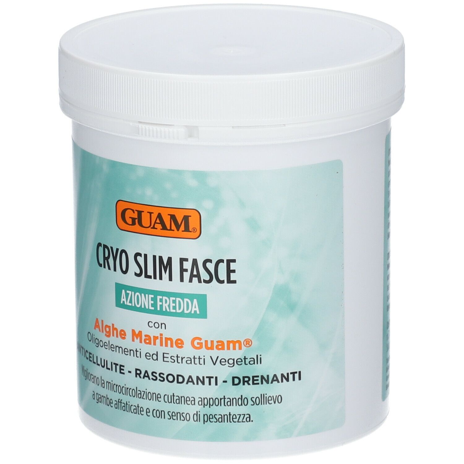 GUAM Cryo Slim Fasce. Weißer Behälter mit blau-grüner Beschriftung. Enthält Algen und Pflanzenextrakte. Orangefarbenes GUAM-Logo.