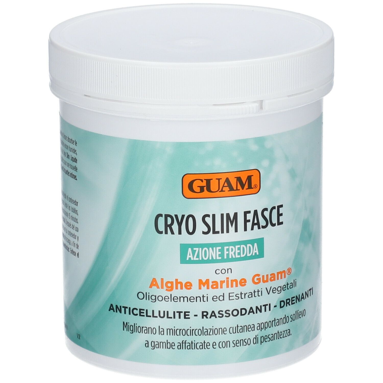 GUAM Cryo Slim Fasce. Weißer Behälter mit blau-grüner Beschriftung. Enthält Algen und Pflanzenextrakte. Orangefarbenes GUAM-Logo.