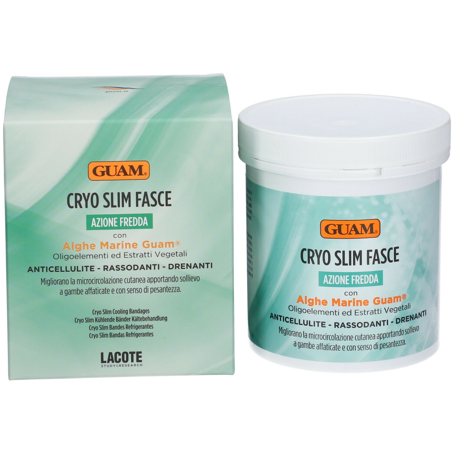GUAM Cryo Slim Fasce und Verpackung. Weißer Behälter und grüne Schachtel. Enthält Algen und Pflanzenextrakte. GUAM-Logo.