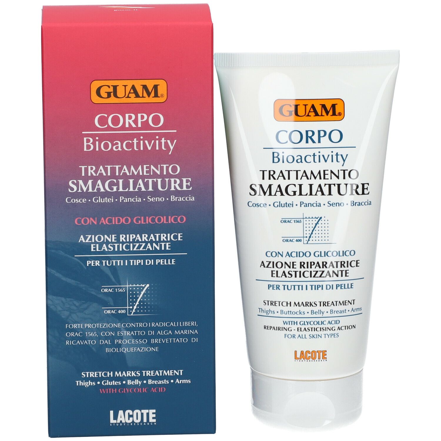 Produktverpackung mit Tube. Rote und weiße Schachtel mit GUAM-Logo und Produktbezeichnung. Tube daneben.
