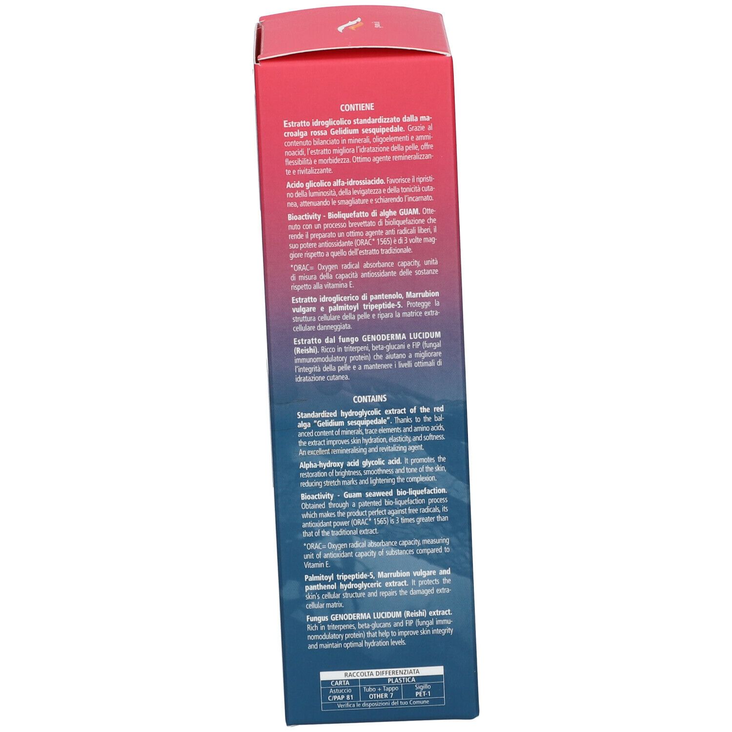 Produktverpackung. Text: Inhaltsstoffe, Beschreibung. Logo und Produktbezeichnung. Rote und blaue Farbgebung.