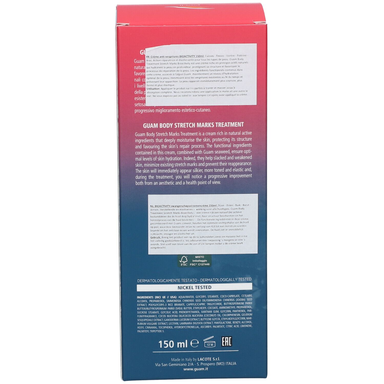 Rückseite der Produktverpackung. Text in italienischer und englischer Sprache. Produktbeschreibung, Inhaltsstoffe und Hinweise.