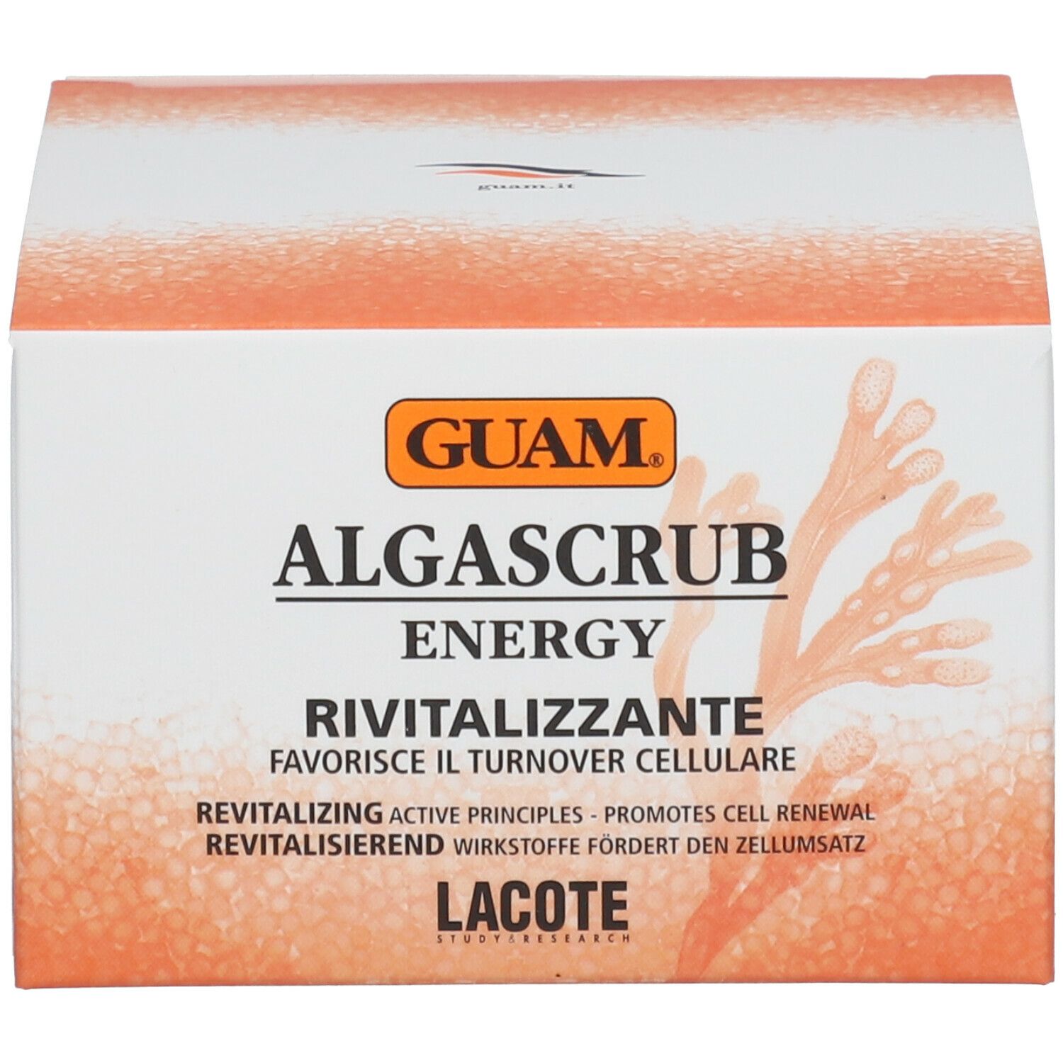 Witte verpakking met oranje elementen. Opschrift: GUAM Algascrub Energy. Tekst en logo.