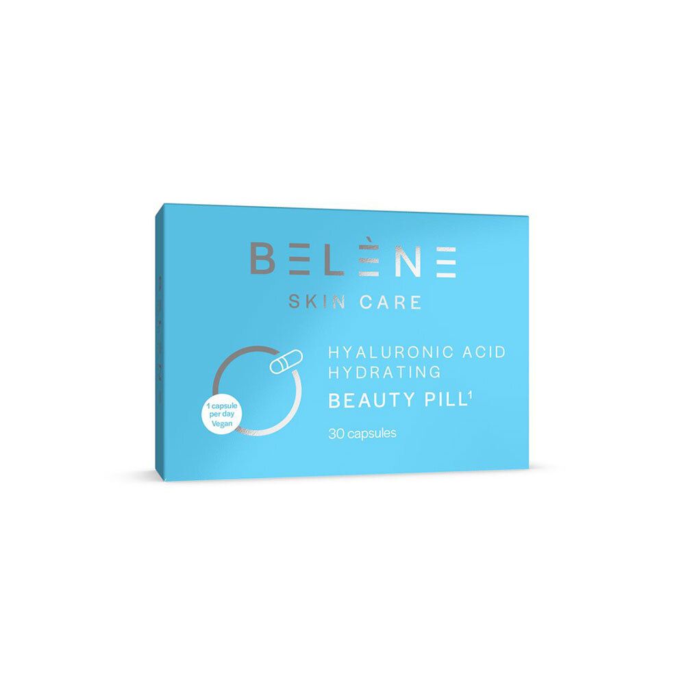 Boîte bleu clair "BELENE SKIN CARE". Texte: "ACIDE HYALURONIQUE HYDRATANT BEAUTY PILL". 30 capsules. 1 capsule par jour.