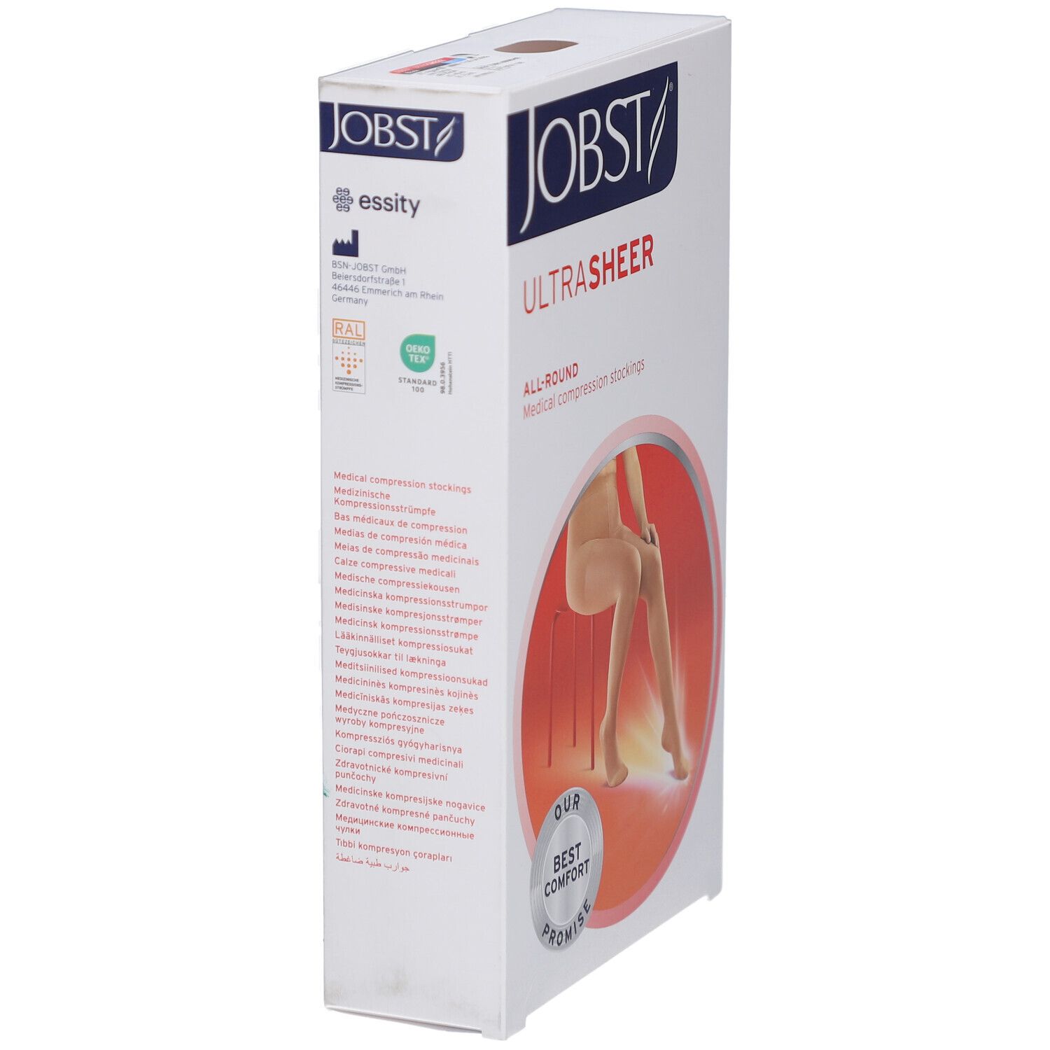 Verpackung der JOBST UltraSheer Kompressions-Strumpfhose. Aufdrucke: JOBST, UltraSheer, All-Round, medizinische Kompressionsstrümpfe. Text in mehreren Sprachen.