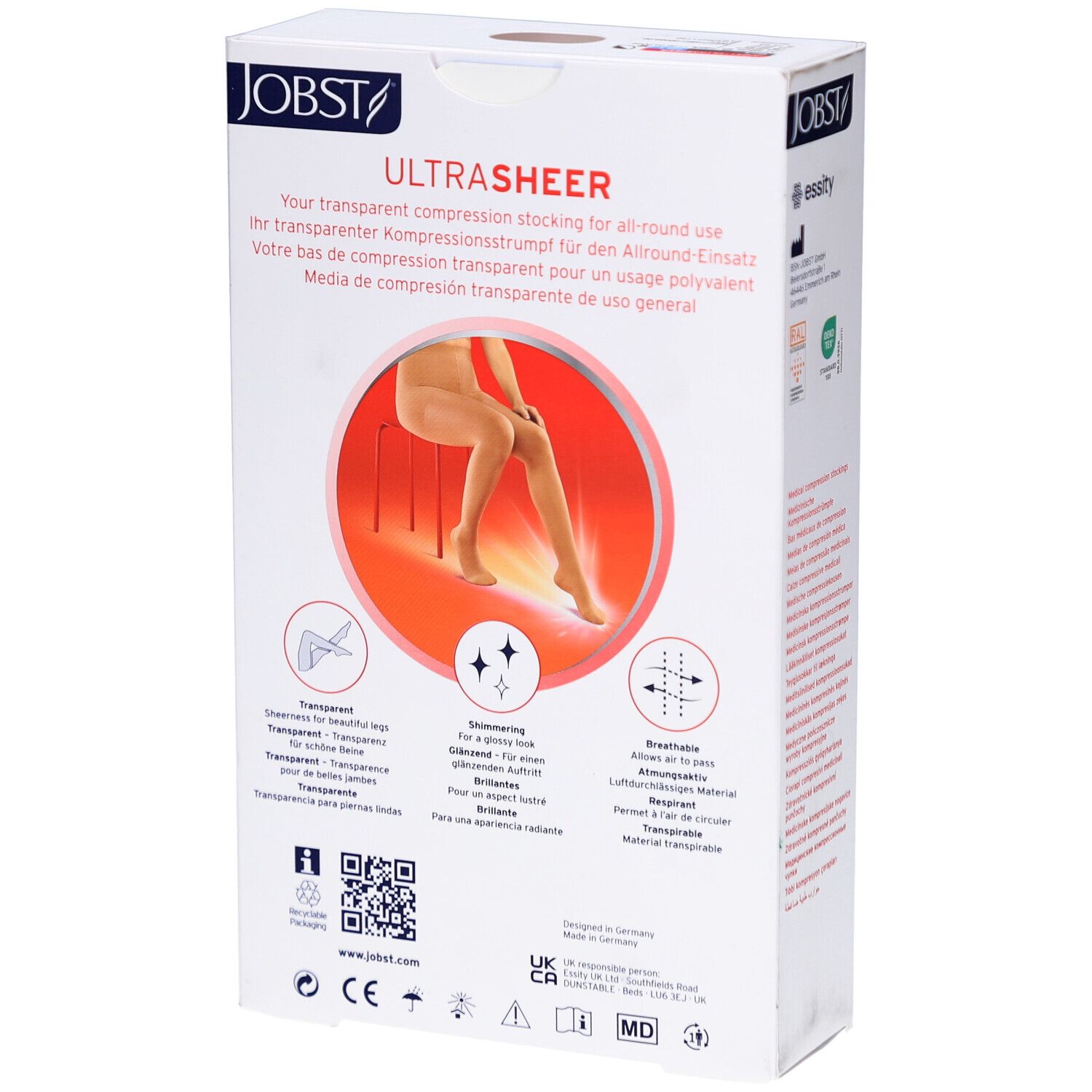 Rückseite der JOBST UltraSheer Verpackung. Text in mehreren Sprachen. Illustrationen: transparent, glänzend, atmungsaktiv. CE-Kennzeichnung.