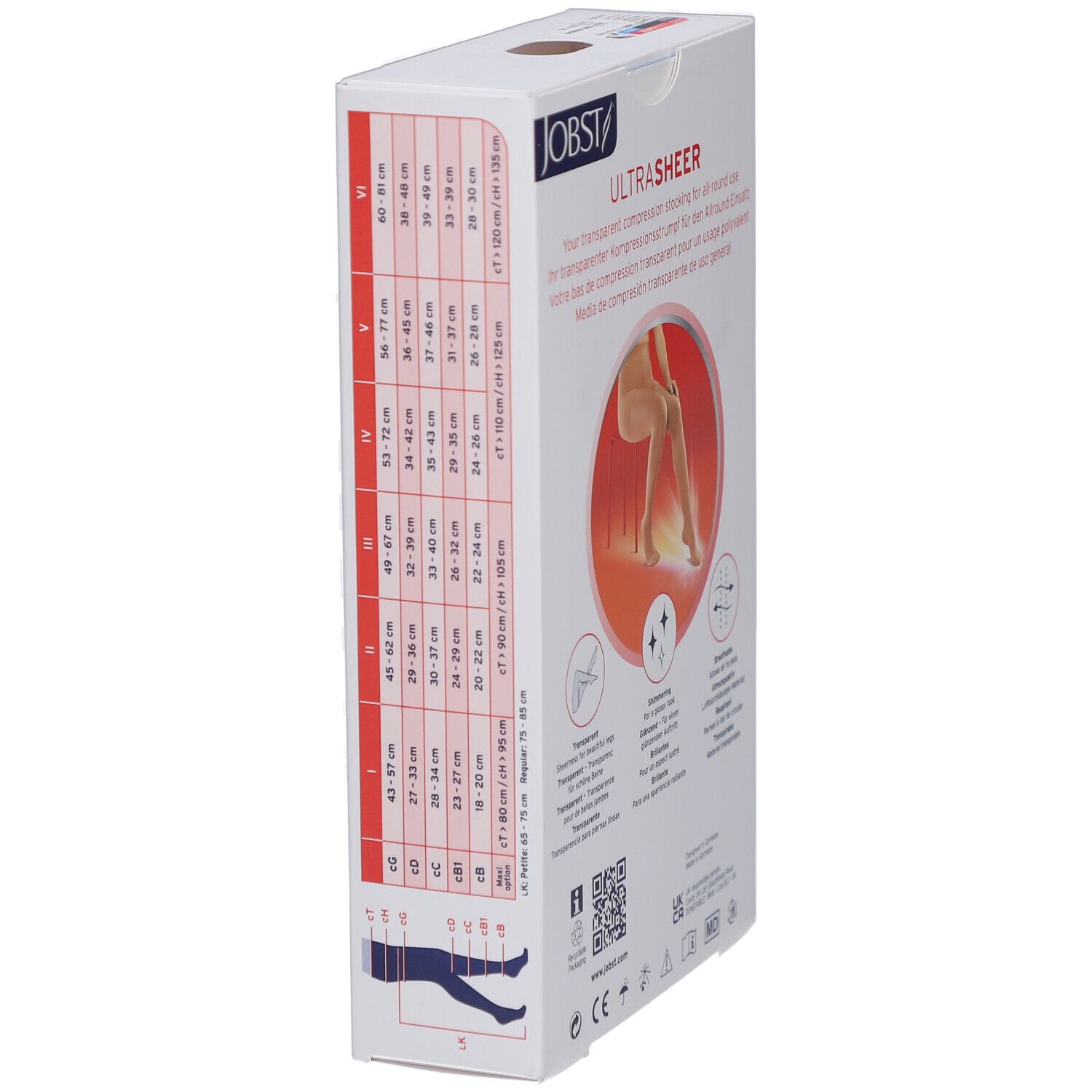 Seite der JOBST UltraSheer Verpackung. Größentabelle. Illustration einer Strumpfhose. Aufdrucke: JOBST, UltraSheer.