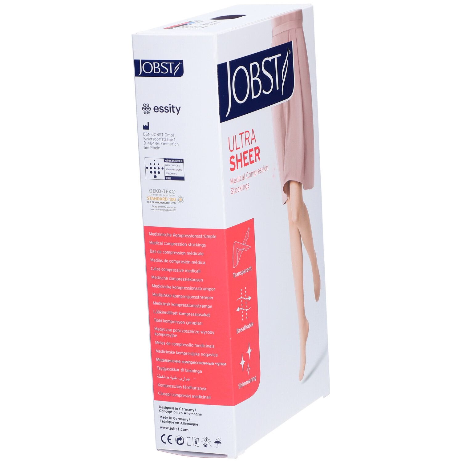 Verpackung JOBST Ultra Sheer Kompressionsstrumpfhose. Produktinformationen, Zertifizierungen. Abbildung einer Frau mit Strumpfhose.