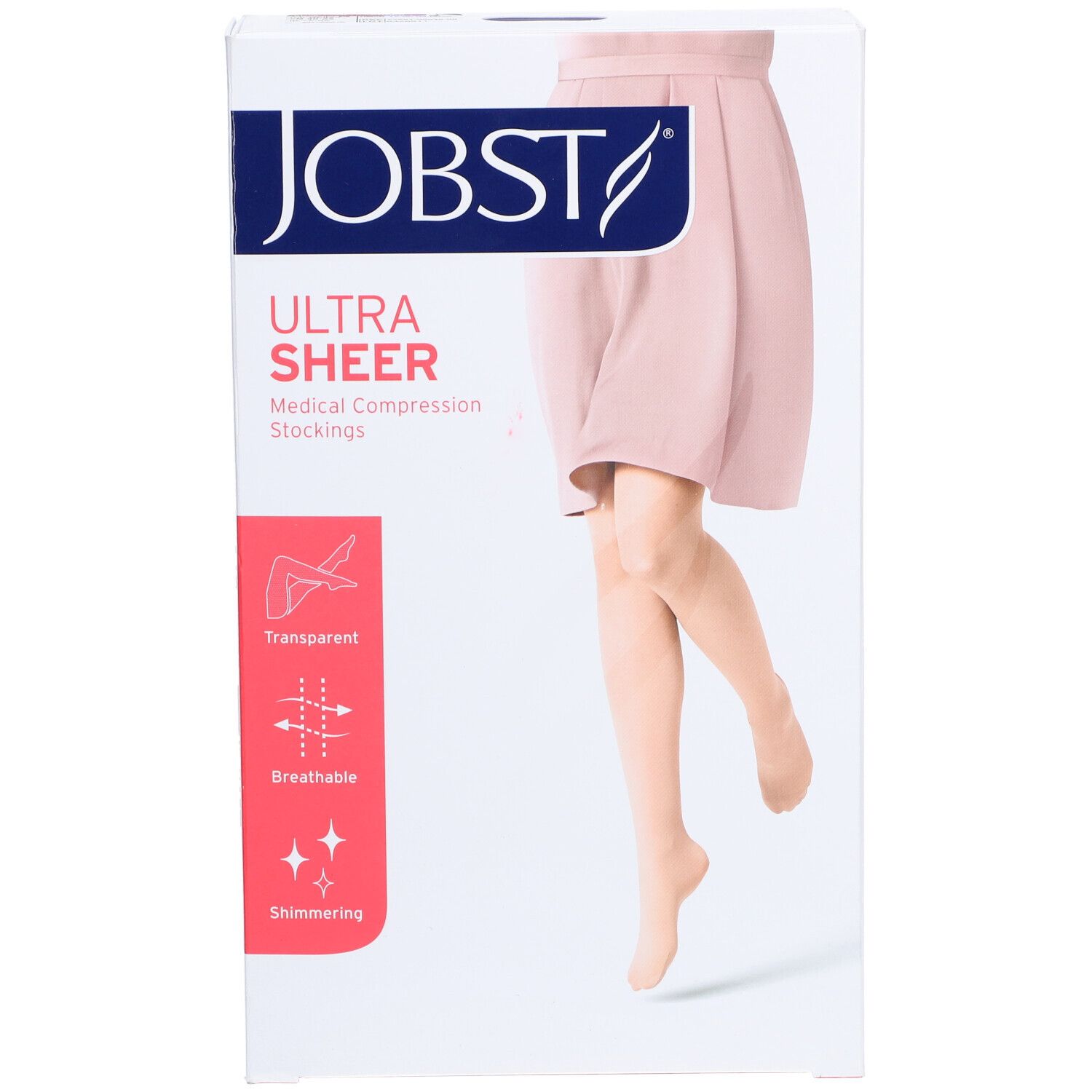 Verpackung JOBST Ultra Sheer Kompressionsstrumpfhose. Transparent, atmungsaktiv, schimmernd. Abbildung einer Frau mit Strumpfhose.