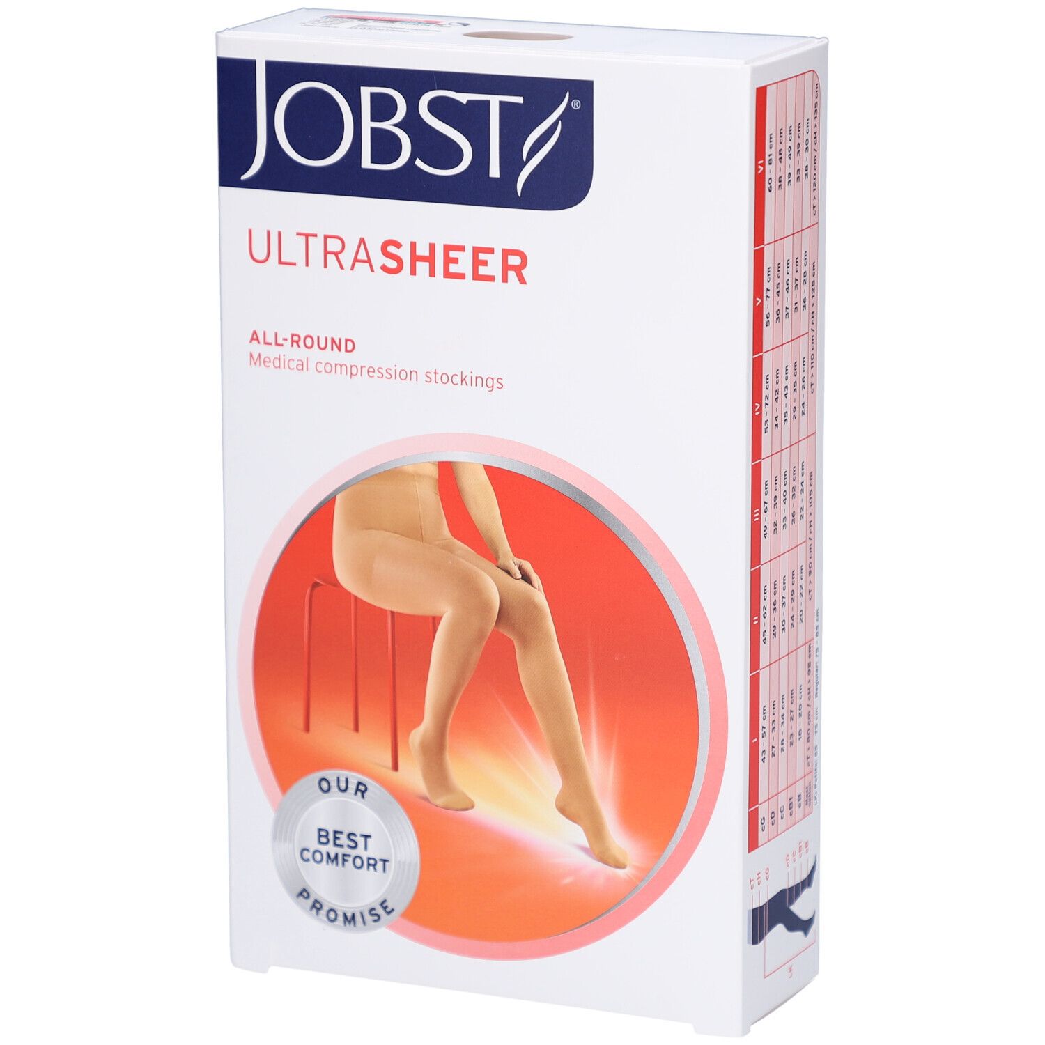 Verpackung der JOBST UltraSheer Kompressions-Strumpfhose. Aufdruck: JOBST, UltraSheer, All-Round, medizinische Kompressionsstrümpfe. Abbildung einer Frau.