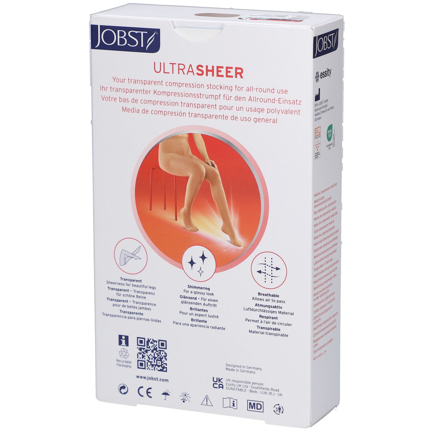 Rückseite der Verpackung der JOBST UltraSheer Kompressions-Strumpfhose. Text und Piktogramme. Zertifizierungen: CE, UKCA, MD.