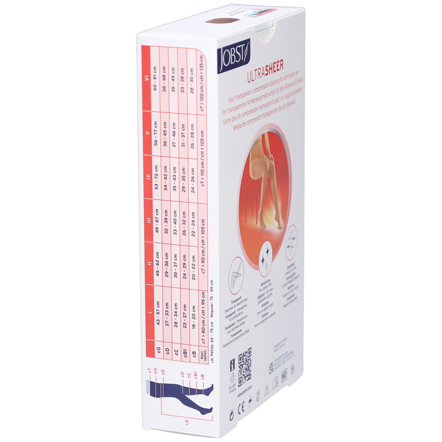 Seite der Verpackung der JOBST UltraSheer Kompressions-Strumpfhose. Größentabelle und Text. Aufdruck: JOBST, UltraSheer.