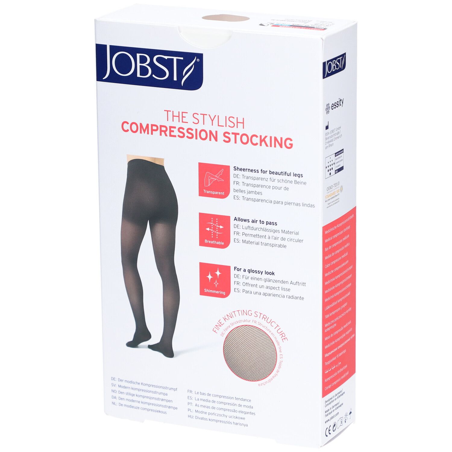 Verpackung JOBST The Stylish Compression Stocking. Schwarze Strumpfhose. Merkmale: Transparent, atmungsaktiv, glänzend. Feine Strickstruktur.
