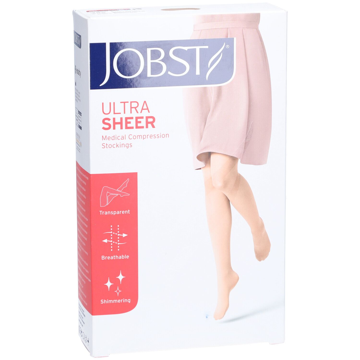Verpackung JOBST Ultra Sheer Kompressionsstrümpfe. Merkmale: Transparent, atmungsaktiv, schimmernd. Abbildung einer Frau mit Strümpfen.