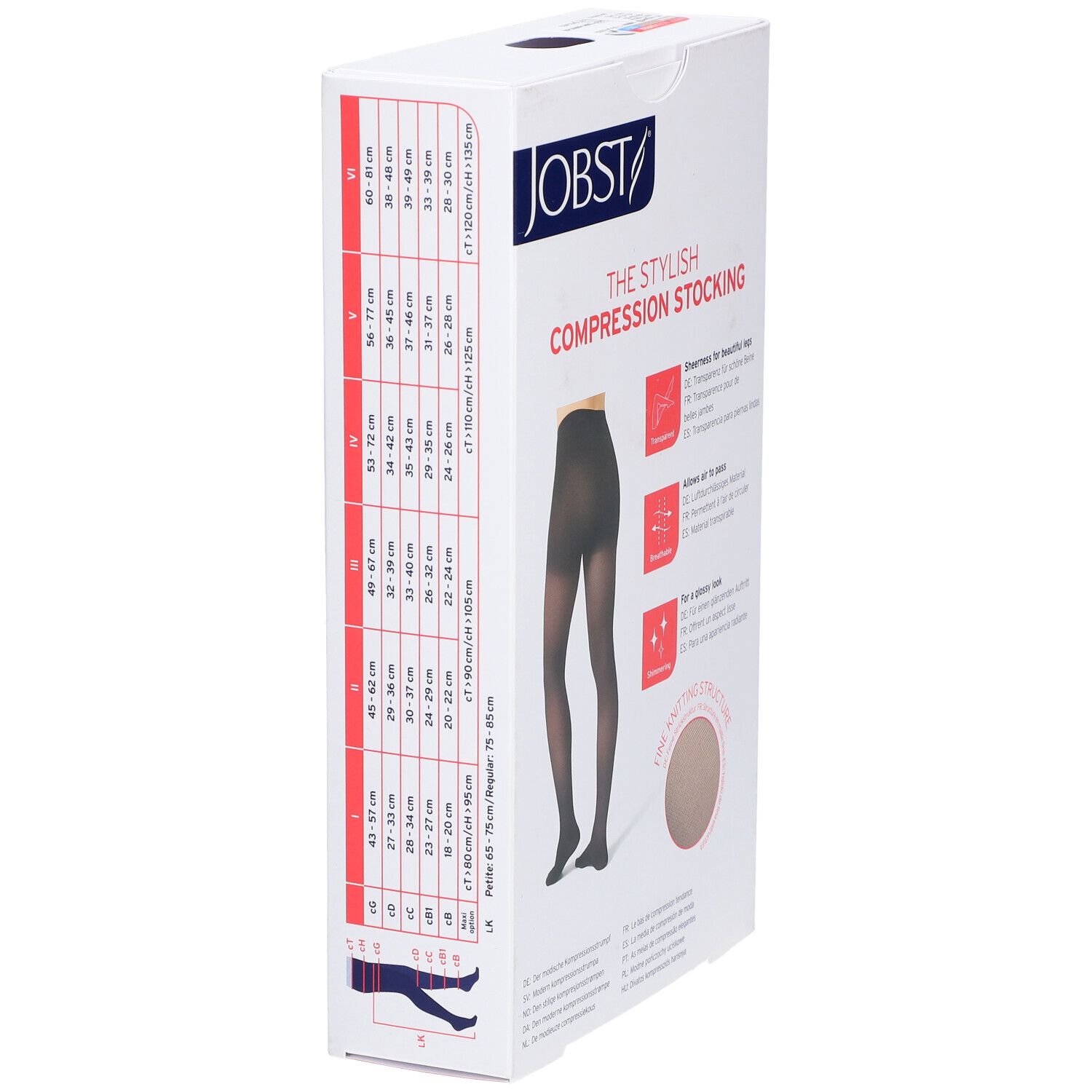 JOBST Strumpfhose. Verpackung mit Größentabelle und Produktabbildung.