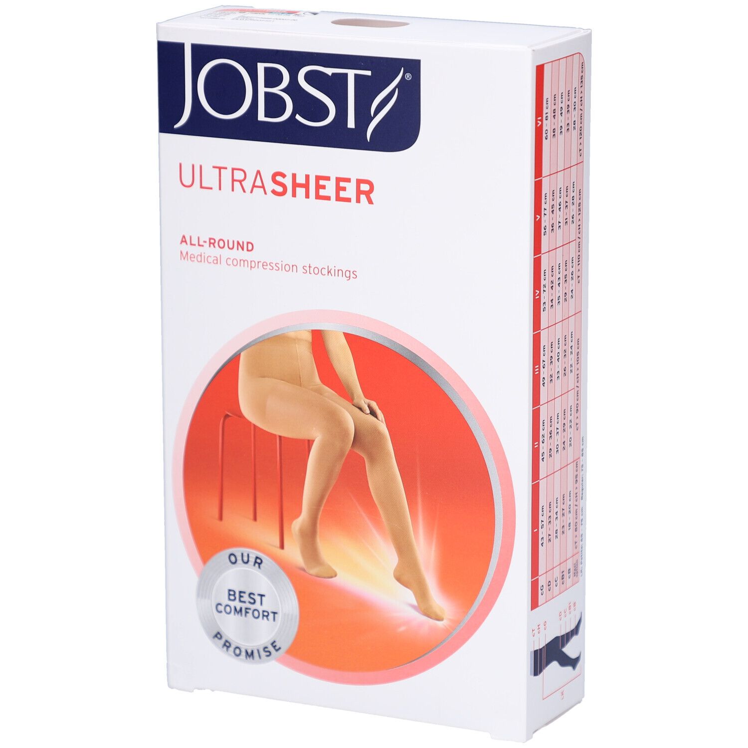Verpackung der JOBST UltraSheer Kompressions-Strumpfhose. Aufdruck: JOBST, UltraSheer, All-Round, medizinische Kompressionsstrümpfe. Abbildung einer Frau.