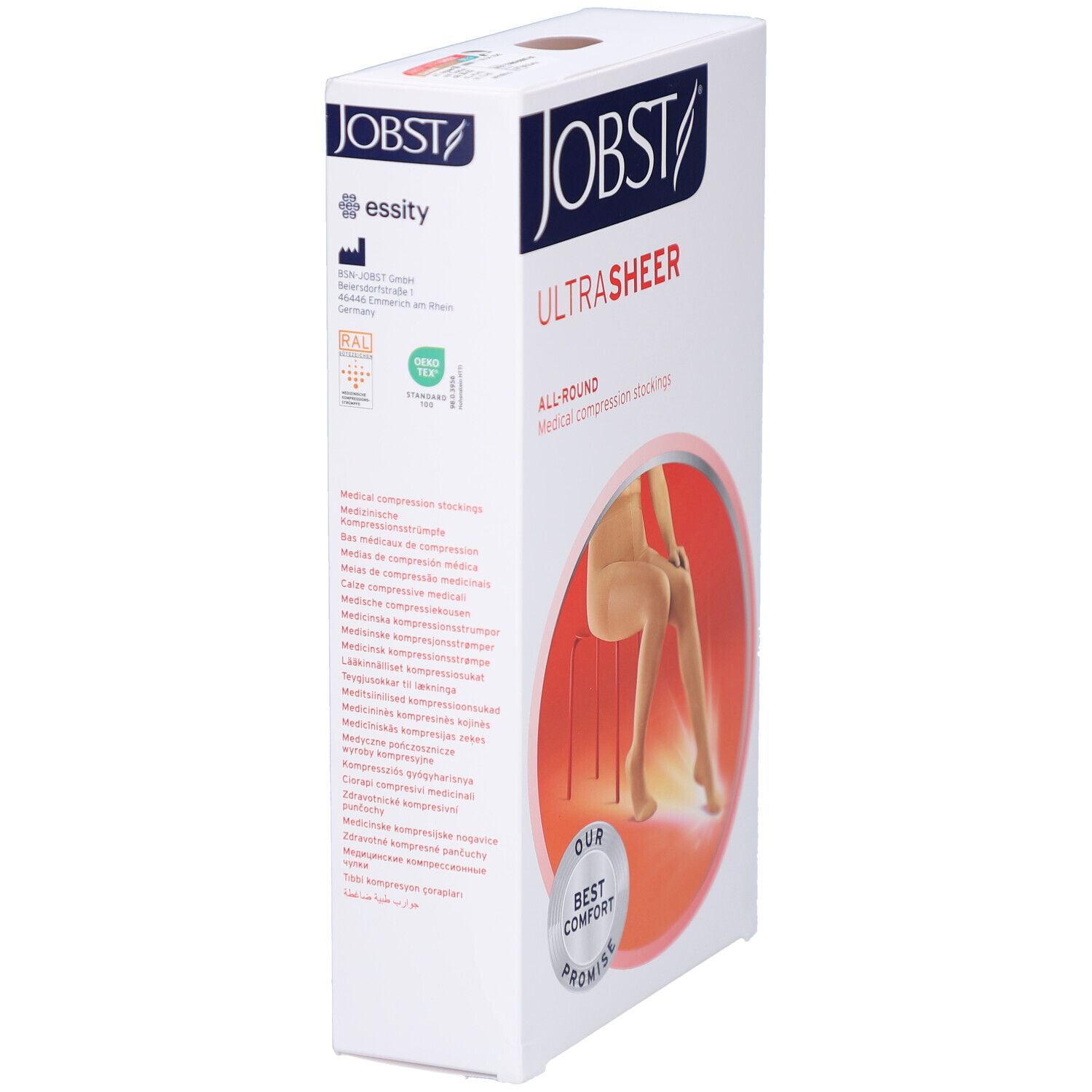 Verpackung der JOBST UltraSheer Kompressions-Strumpfhose. Aufdruck: JOBST, UltraSheer, All-Round, medizinische Kompressionsstrümpfe. Mit Text und Logo.