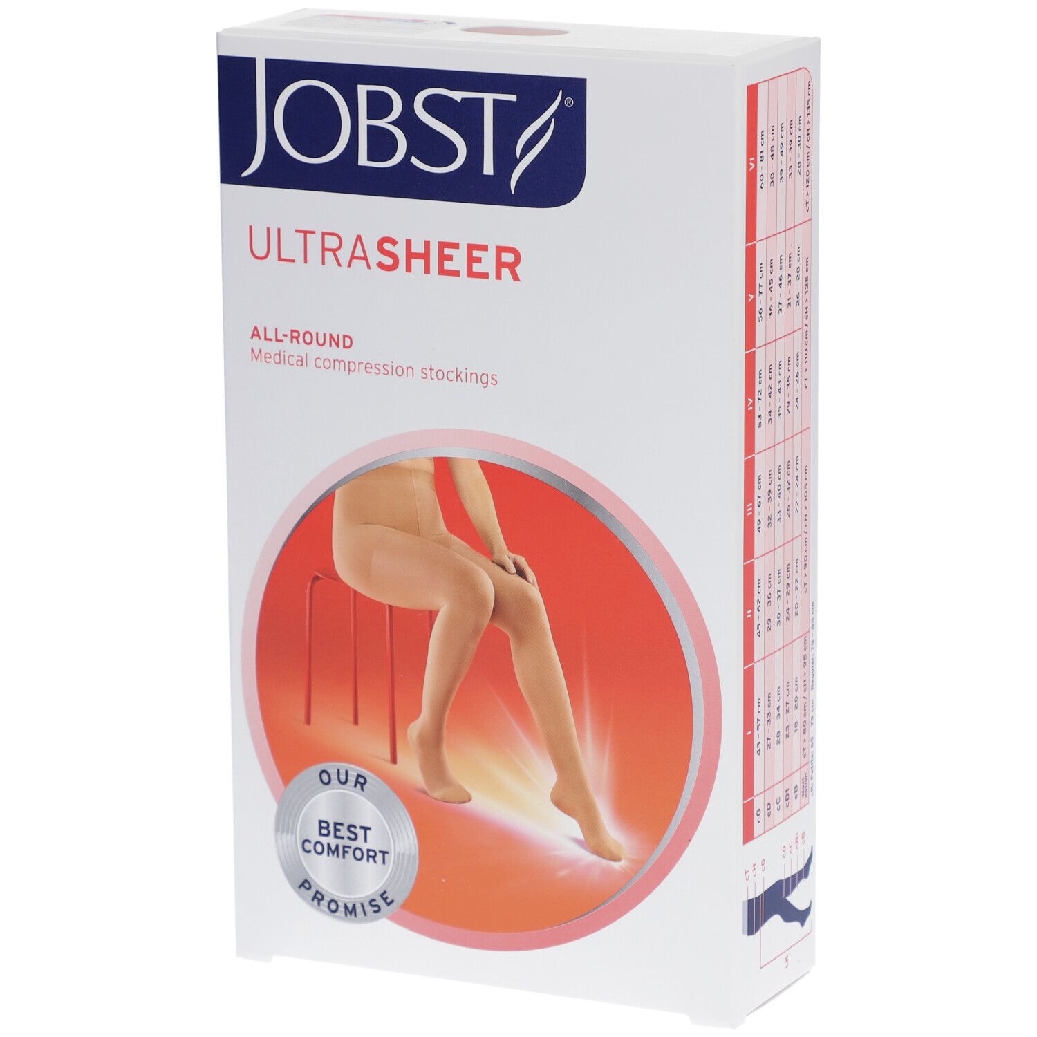 Verpakking JOBST Ultrasheer. Afbeelding van vrouw met compressiekousen. Logo en productnaam zichtbaar.