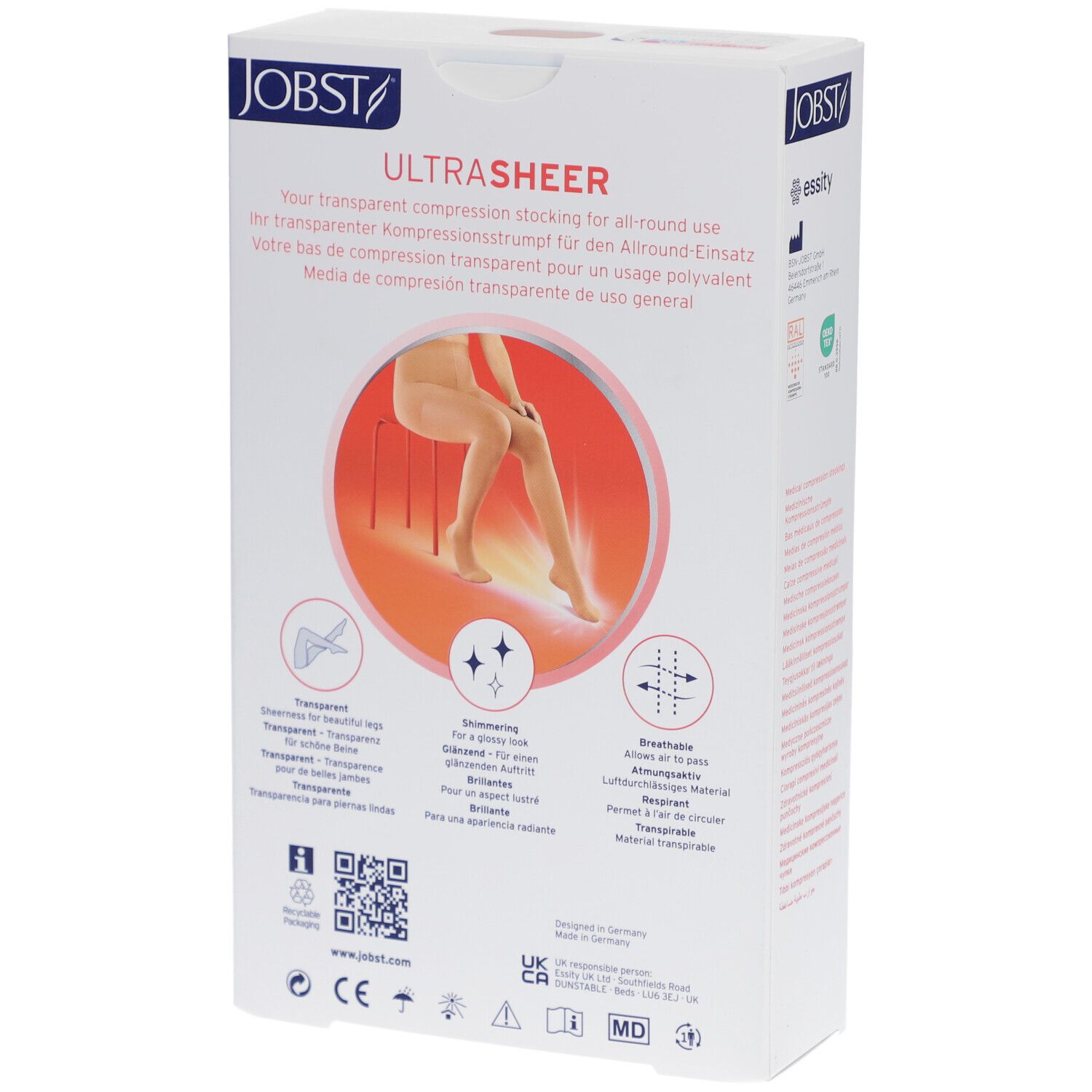 Achterkant verpakking JOBST Ultrasheer. Productkenmerken, logo's en QR-code. Illustratie van een vrouw.