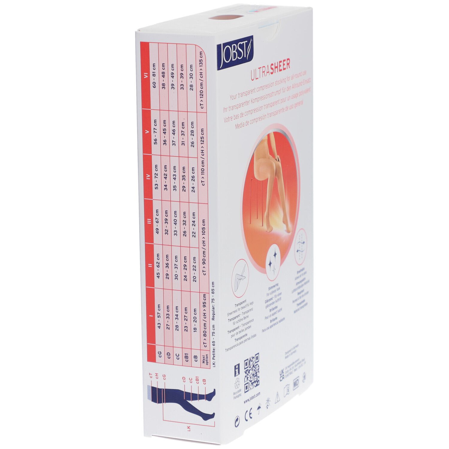 Verpakking JOBST Ultrasheer. Maatinformatie en productkenmerken. Illustratie van een vrouw.