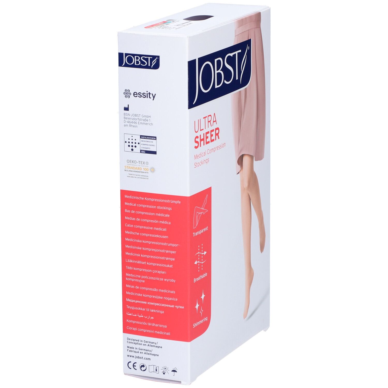 Verpackung JOBST UltraSheer Kompressionsstrumpfhose. Produktinformationen und Illustrationen. Medizinische Kompressionsstrümpfe.
