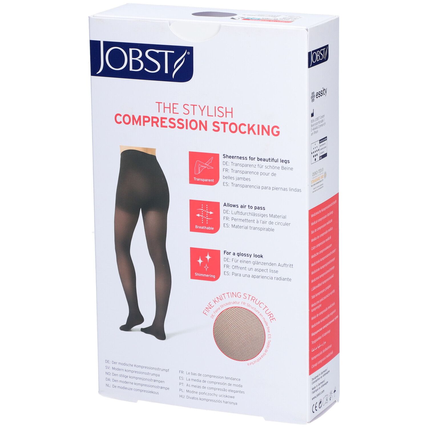 Verpackung JOBST Kompressionsstrumpfhose. Schwarze Strumpfhose abgebildet. Transparent, atmungsaktiv, für glänzenden Look.