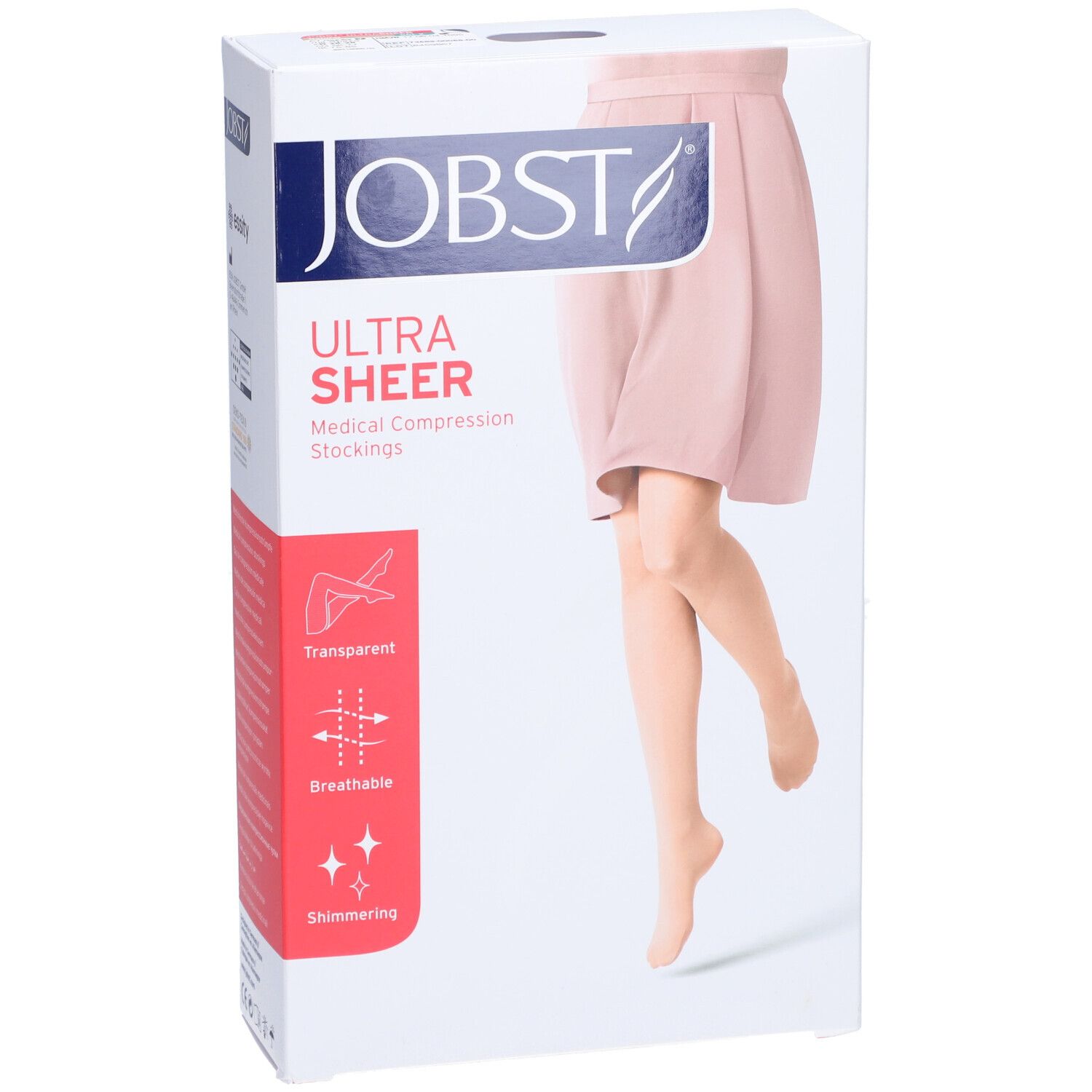 Verpackung JOBST UltraSheer Kompressionsstrumpfhose. Abbildung einer Frau mit Strumpfhose. Transparent, atmungsaktiv, schimmernd.