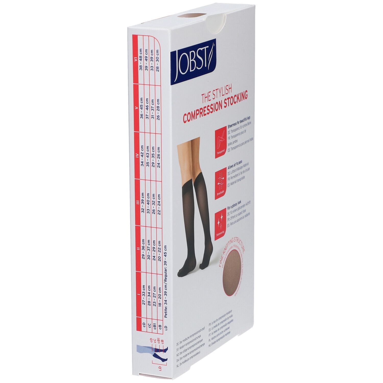 JOBST Kompressionsstrümpfe in Verpackung. Schwarz, kniehoch. Größentabelle. Details: transparent, atmungsaktiv, glänzend.