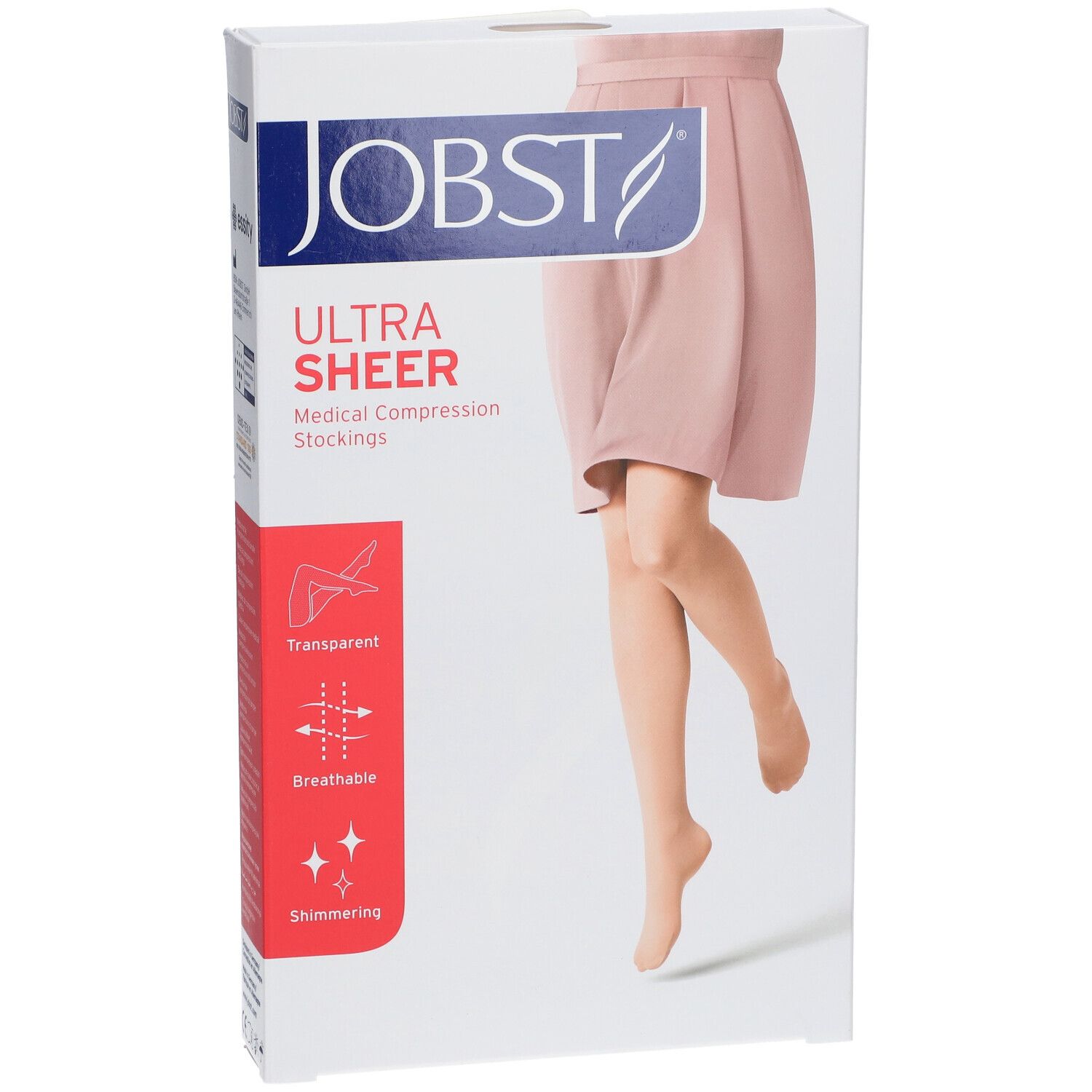 JOBST Ultrasheer Kompressionsstrümpfe in Verpackung. Transparent, atmungsaktiv, schimmernd. Abbildung einer Frau mit Strümpfen.