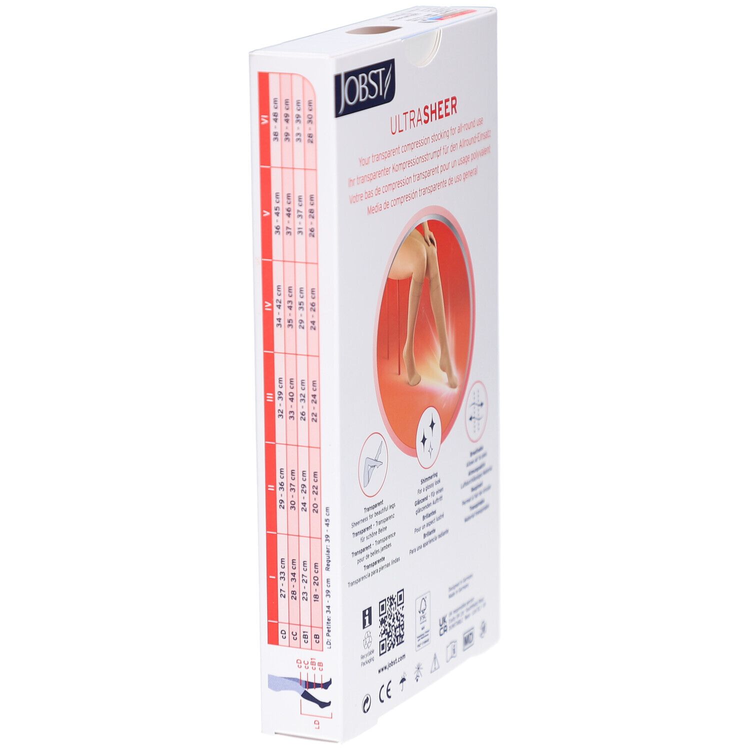 Seite der Verpackung JOBST UltraSheer Kompressions-Kniestrümpfe. Größentabelle und Grafiken. Text: ALL-ROUND.