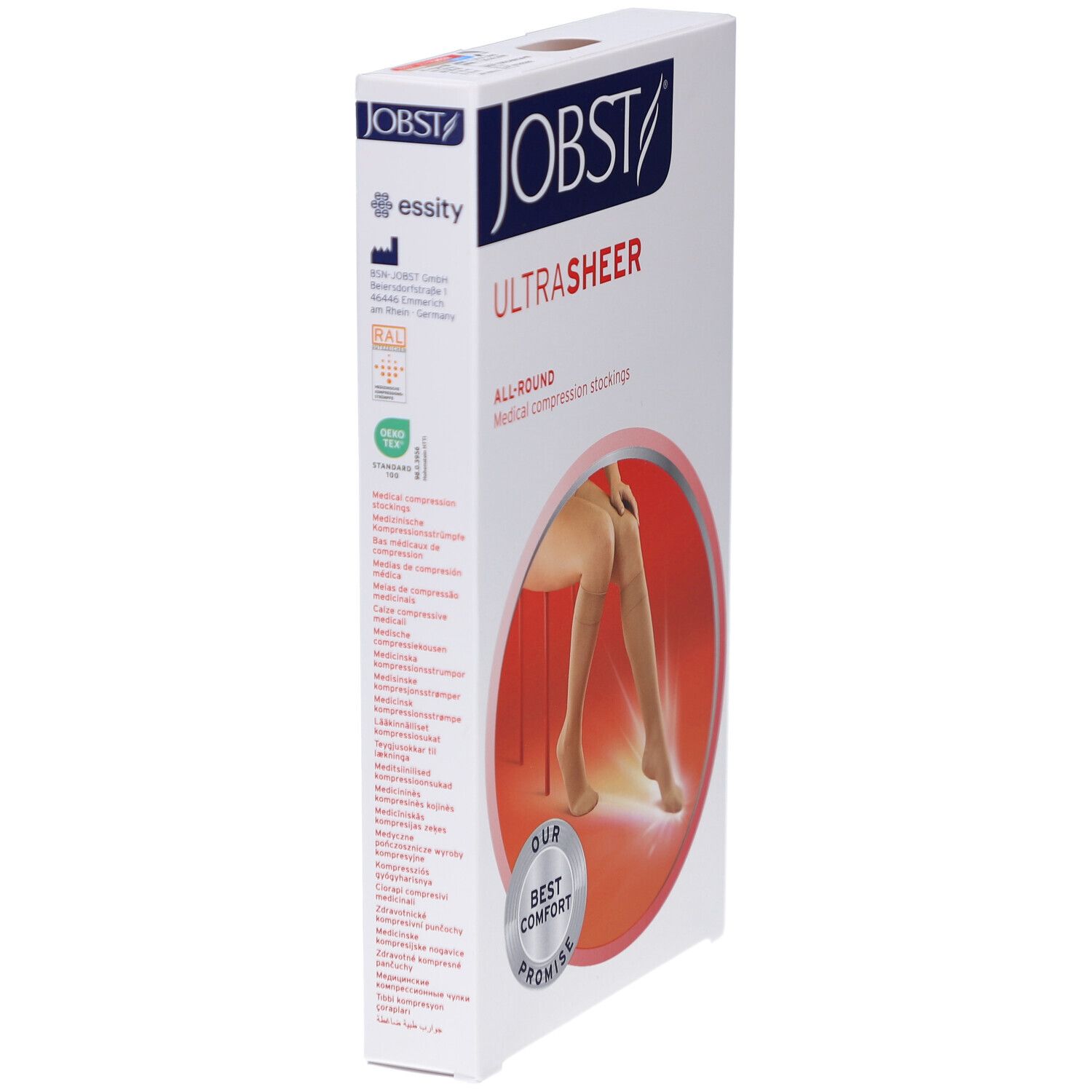 Verpackung JOBST UltraSheer Kompressions-Kniestrümpfe. Seitenansicht. Logos und Text. Zertifizierungen.