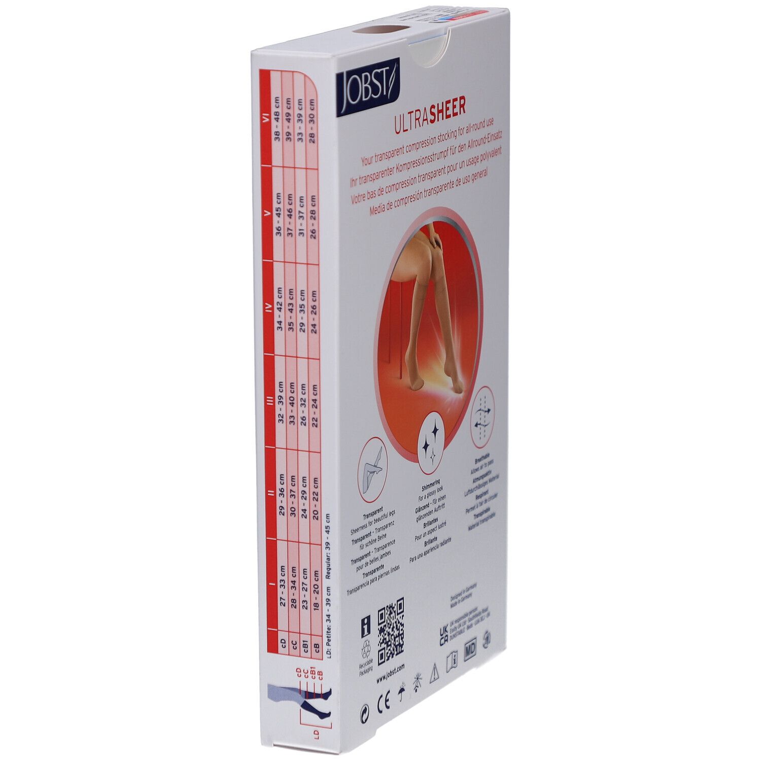 Verpackung JOBST UltraSheer Kompressions-Kniestrümpfe. Seitenansicht mit Größentabelle und Logos.