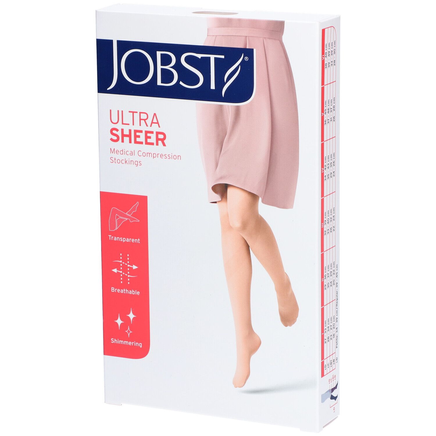 Boîte JOBST Ultra Sheer. Inscription: Transparent, respirant, scintillant. Illustration d'une jambe. Bas de contention médicaux.