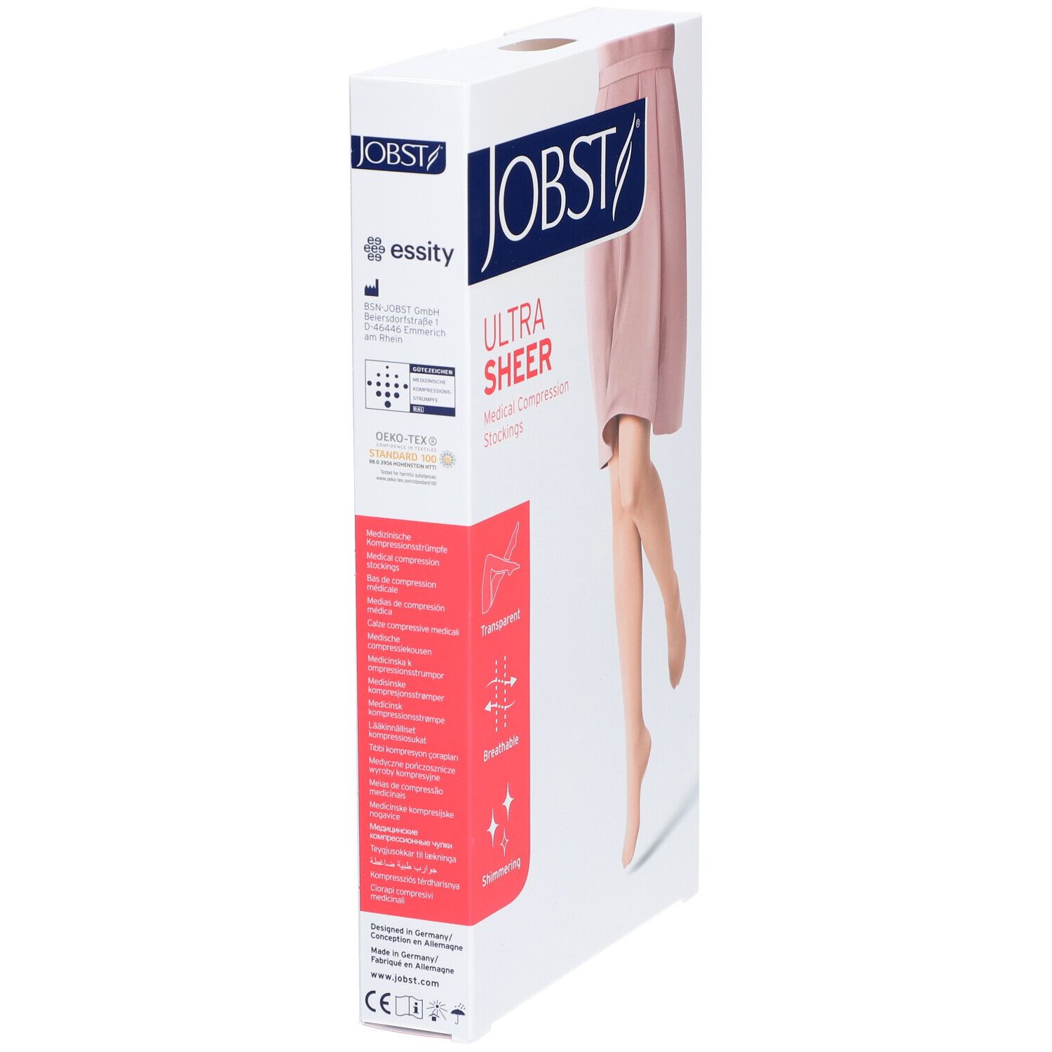 Boîte JOBST Ultra Sheer. Inscription: Transparent, respirant, scintillant. Informations produit et logo. Bas de contention médicaux.