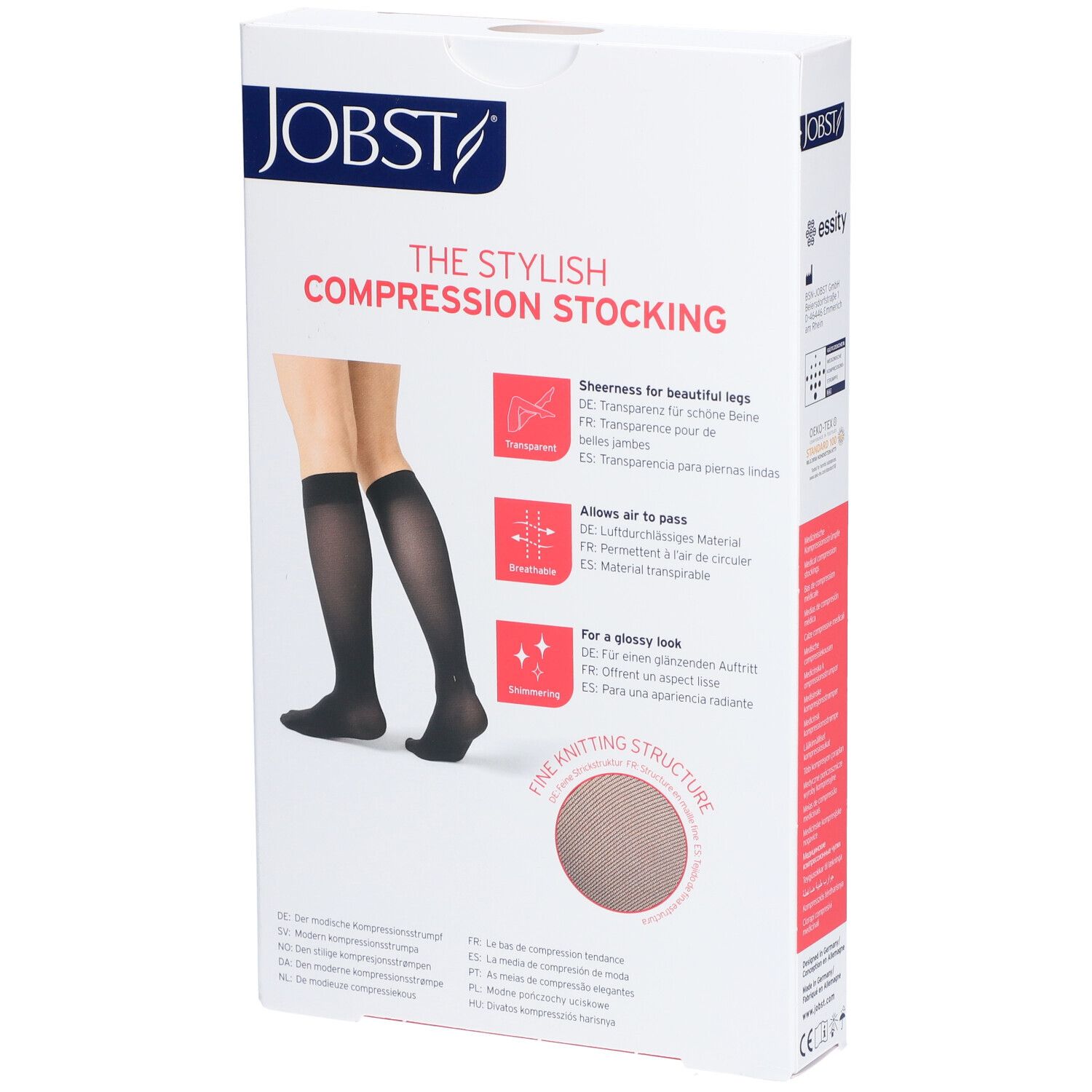 Boîte JOBST, The Stylish Compression Stocking. Illustration de bas noirs. Texte: Transparent, respirant, brillant. Bas de contention.