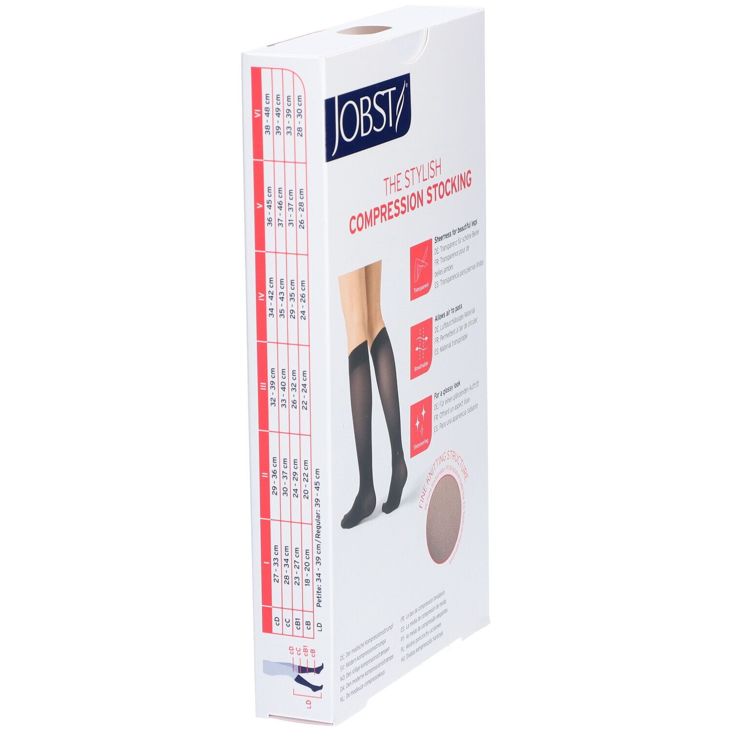 Boîte JOBST, The Stylish Compression Stocking. Tableau des tailles. Illustration de bas noirs. Informations produit. Bas de contention.
