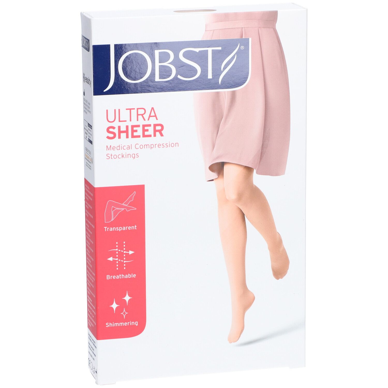 Boîte JOBST Ultra Sheer. Inscription: Transparent, respirant, scintillant. Illustration d'une jambe. Bas de contention médicaux.