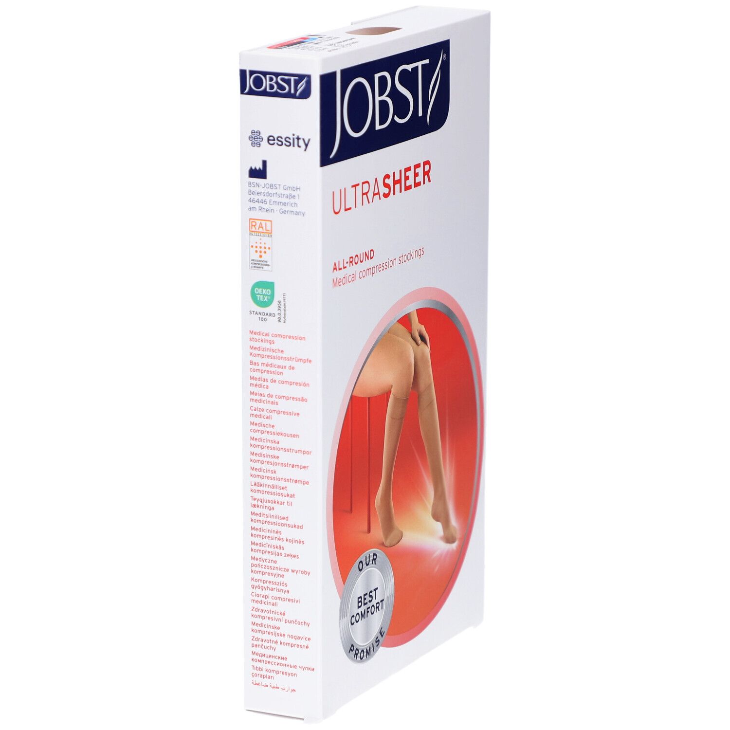 Verpackung JOBST UltraSheer Kompressions-Kniestrümpfe. Weiße Schachtel, seitliche Ansicht. Produktabbildung, Logo und Größenangaben.