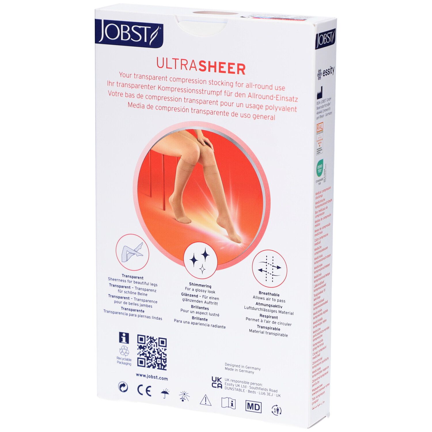 Rückseite der Verpackung JOBST UltraSheer Kompressions-Kniestrümpfe. Produktmerkmale, Logos, QR-Code und Zertifizierungen.