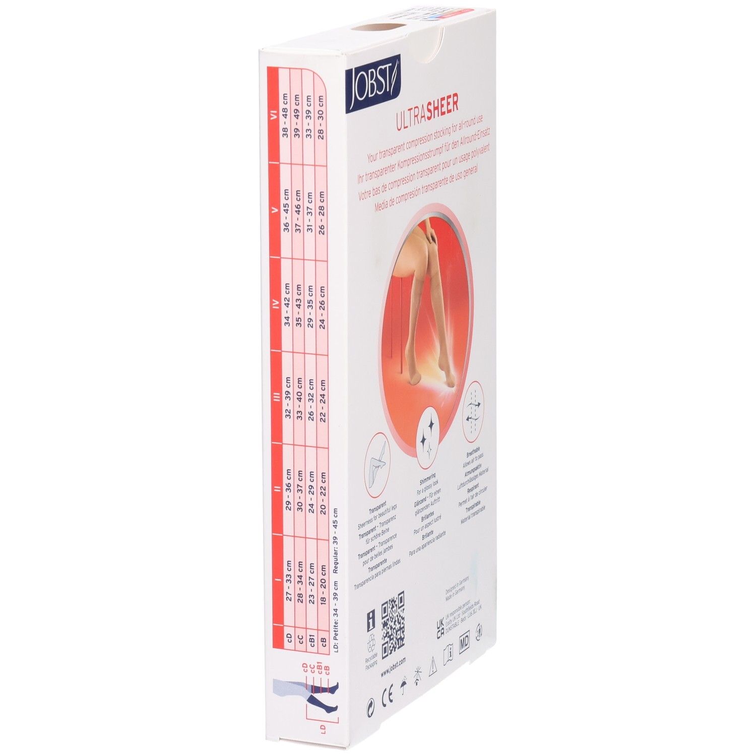 Seite der Verpackung JOBST UltraSheer Kompressions-Kniestrümpfe. Größentabelle und Piktogramme. Produktname und Logo.