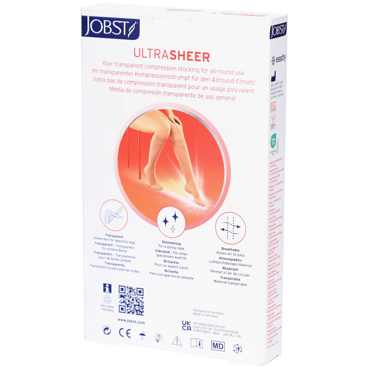 Rückseite der Verpackung JOBST UltraSheer Kompressions-Kniestrümpfe. Produktmerkmale, Zertifizierungen, QR-Code.